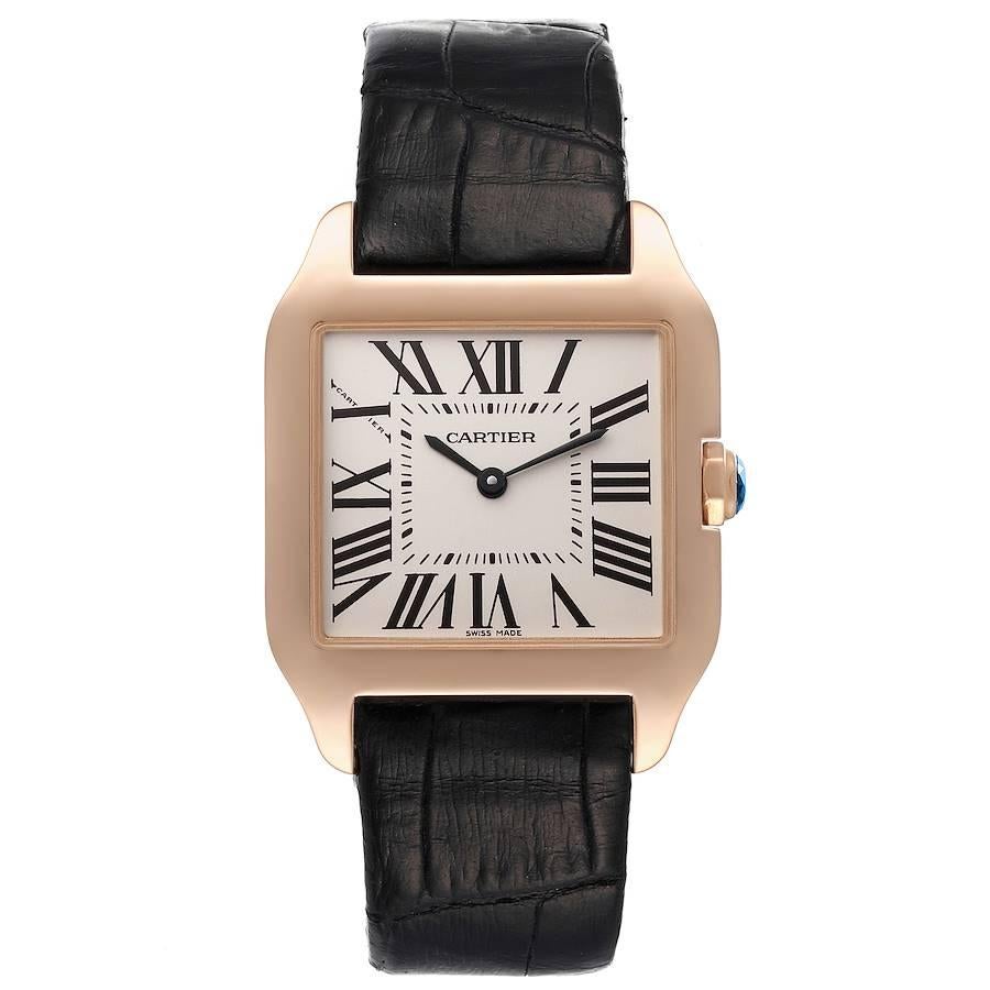 Cartier Santos Dumont Small 18k Rose Gold Unisex Watch W2009251. Quartz movement. 18K rose gold case 38.5 x 30.3mm.  Octagonal crown set with the faceted sapphire. 18K rose gold bezel. Scratch resistant sapphire crystal. Silver dial with painted