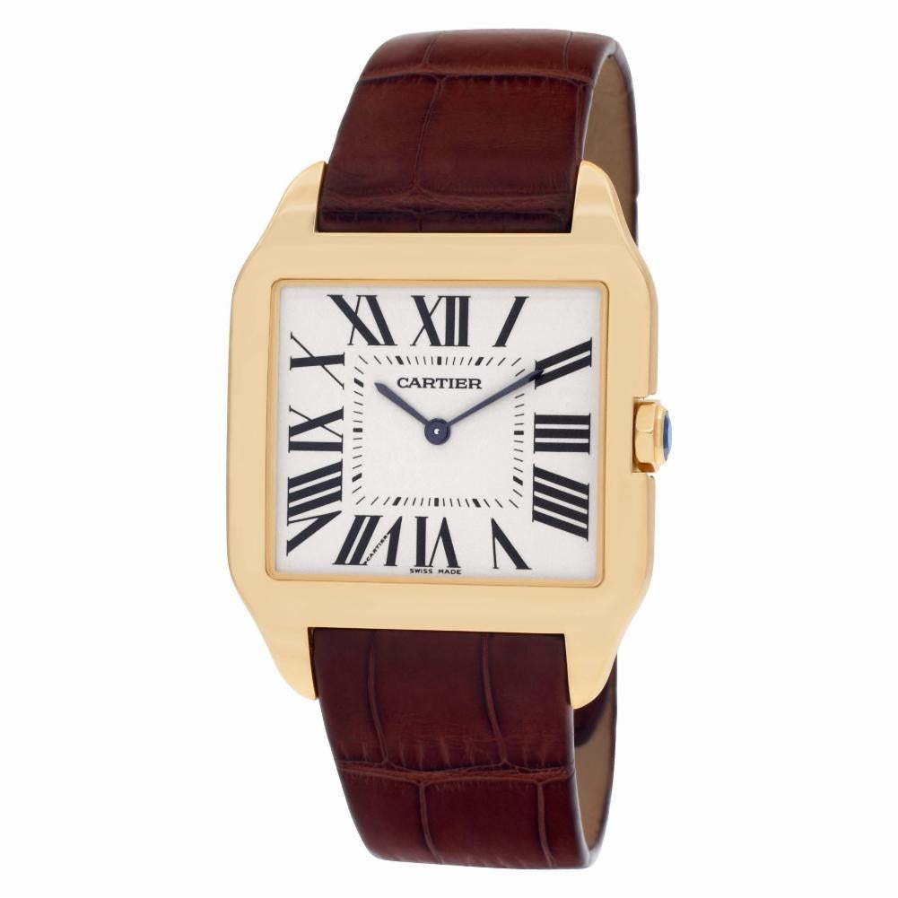 Cartier Santos Dumont in 18k yellow gold on a brown alligator strap with deployant buckle. Manual. With Cartier box. Ref W2008751. Circa 2000s. Fine Pre-owned Cartier Watch. Certified preowned Dress Cartier Santos Dumont W2008751 watch is made out