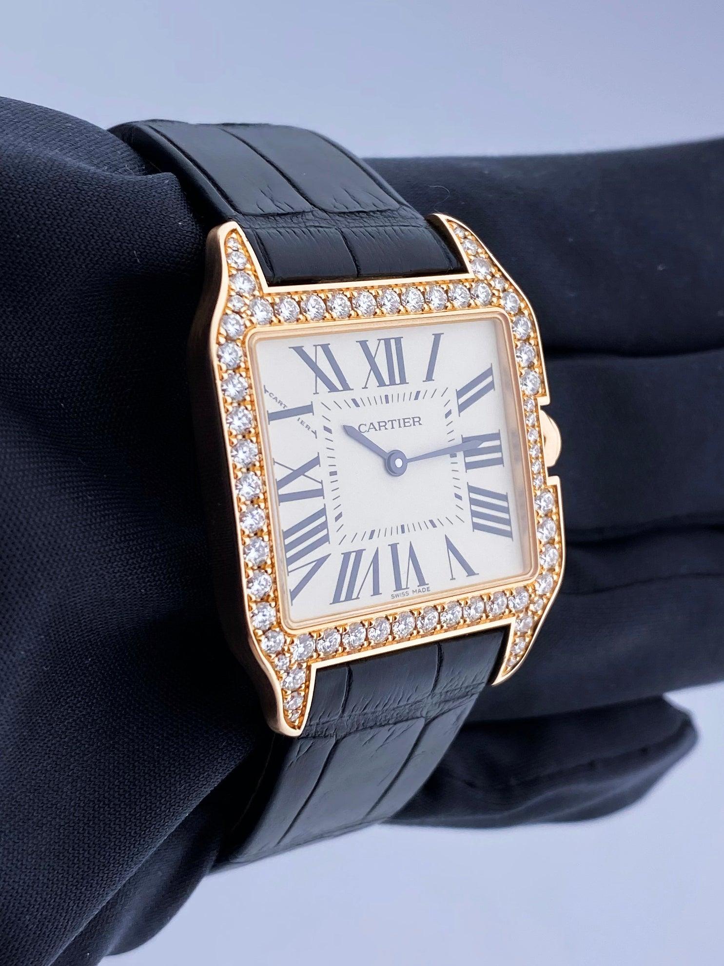 Cartier Santos Dumont WH100351 Rose Gold Diamond Ladies Watch Box Papers In Excellent Condition In Great Neck, NY
