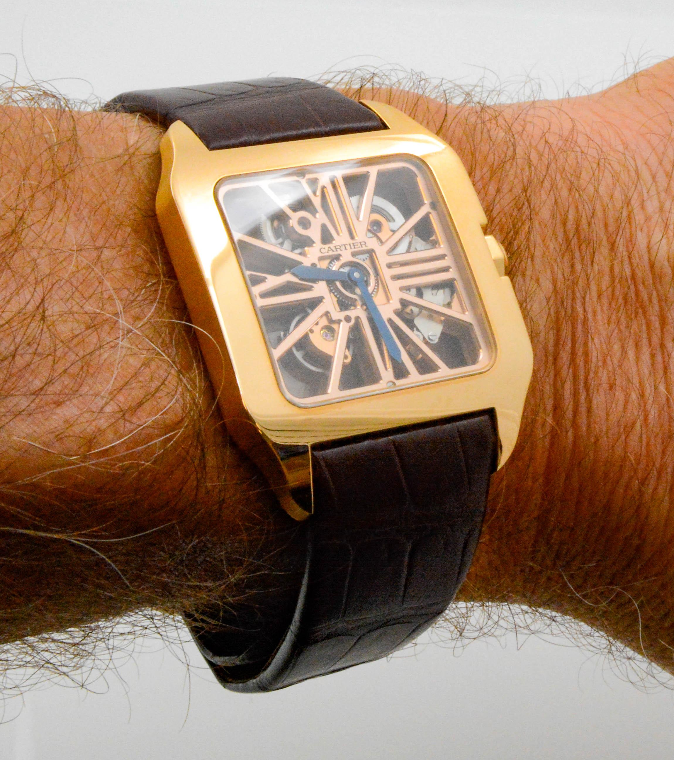 Modern Cartier Santos Dumont XL 18K Rose Gold .56 CT Sapphire Watch