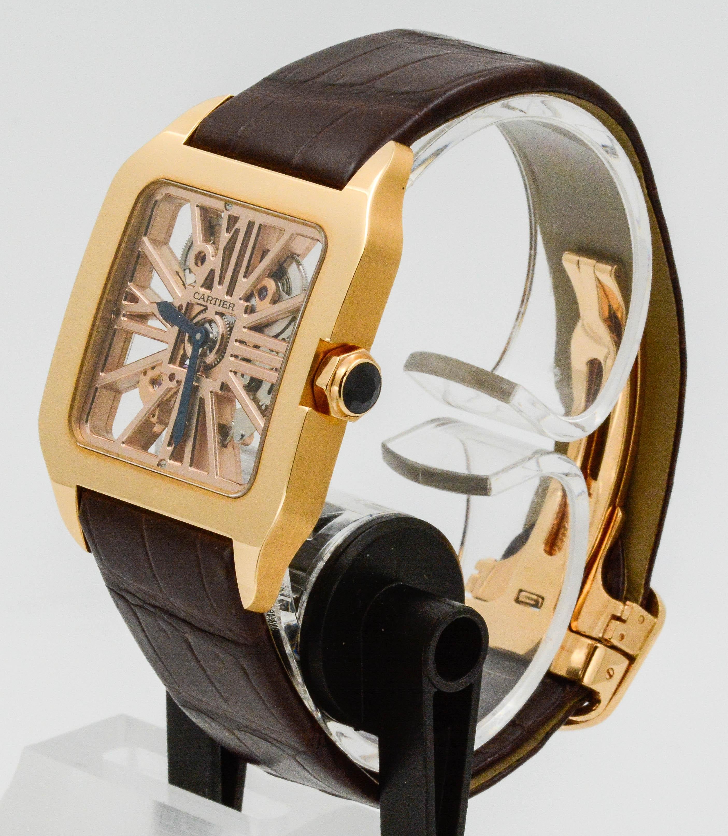 Round Cut Cartier Santos Dumont XL 18K Rose Gold .56 CT Sapphire Watch