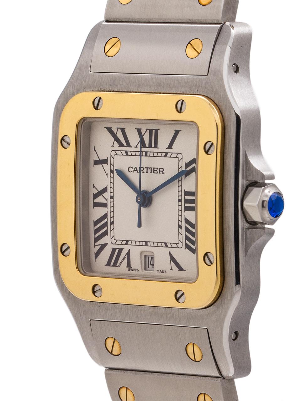 
Exceptional condition man’s Cartier Santos Galbe stainless steel and 18K yellow gold, circa 2000. Featuring a 29 x 41mm ergonomically curved back case, with curved sapphire crystal and curved links to conform to the wrist. Classic white dial with