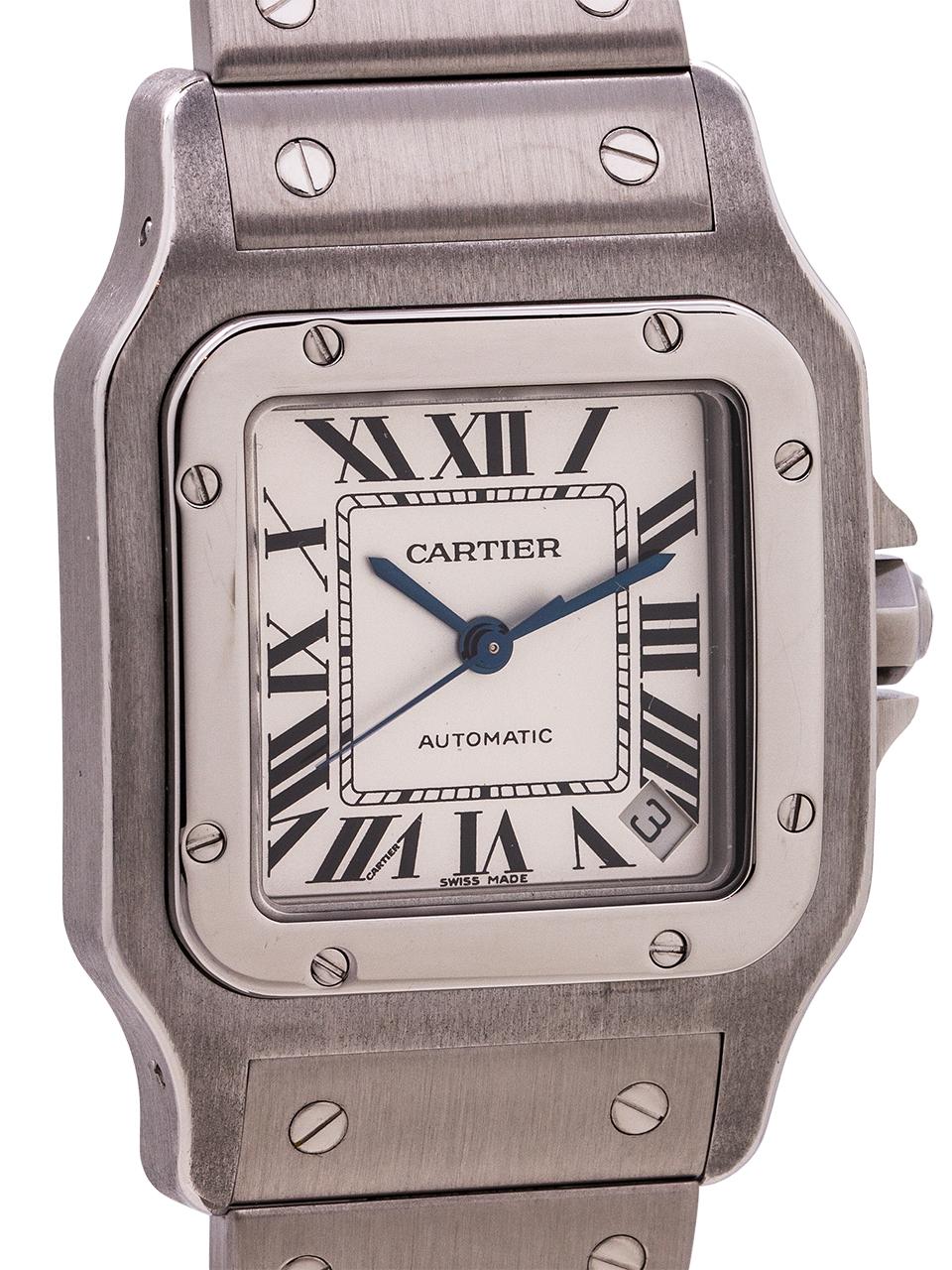 
Cartier Santos Galbe XL ref#2823 stainless steel circa 2012. 34mm diameter thick, curved back case, self winding movement with sweep seconds and date. Classic white dial with Roman figures, blued steel hands and cabachon sapphire crown, With curved
