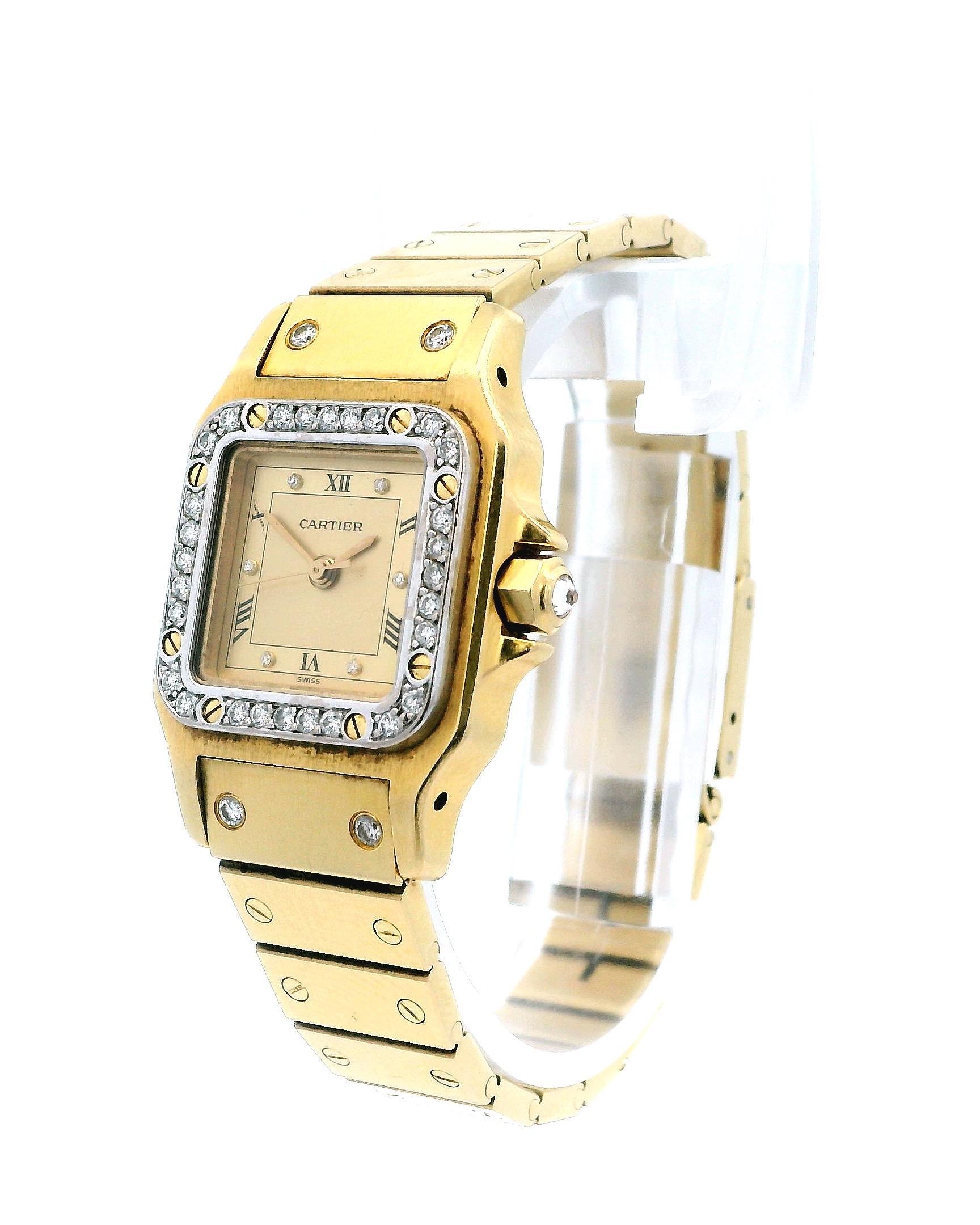 The Cartier Santos men's watch is an elegant timepiece that showcases a 25mm case crafted from 18K yellow gold. It features a stunning diamond bezel that adds a touch of luxury. The champagne dial is complemented by gold hands and distinctive Roman