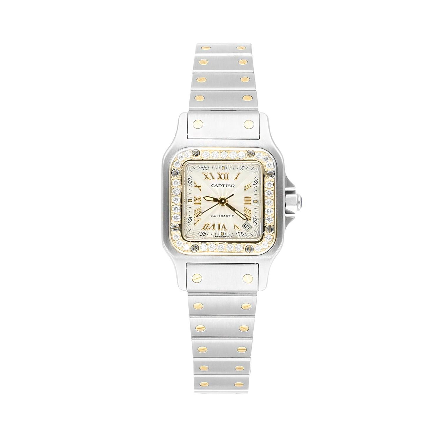Cartier Santos Galbee 24 mm Women's Two Tone Yellow Gold 2423 Watch Custom Diamonds
This watch has been professionally polished, serviced and is in excellent overall condition. There are absolutely no visible scratches or blemishes. Diamonds were