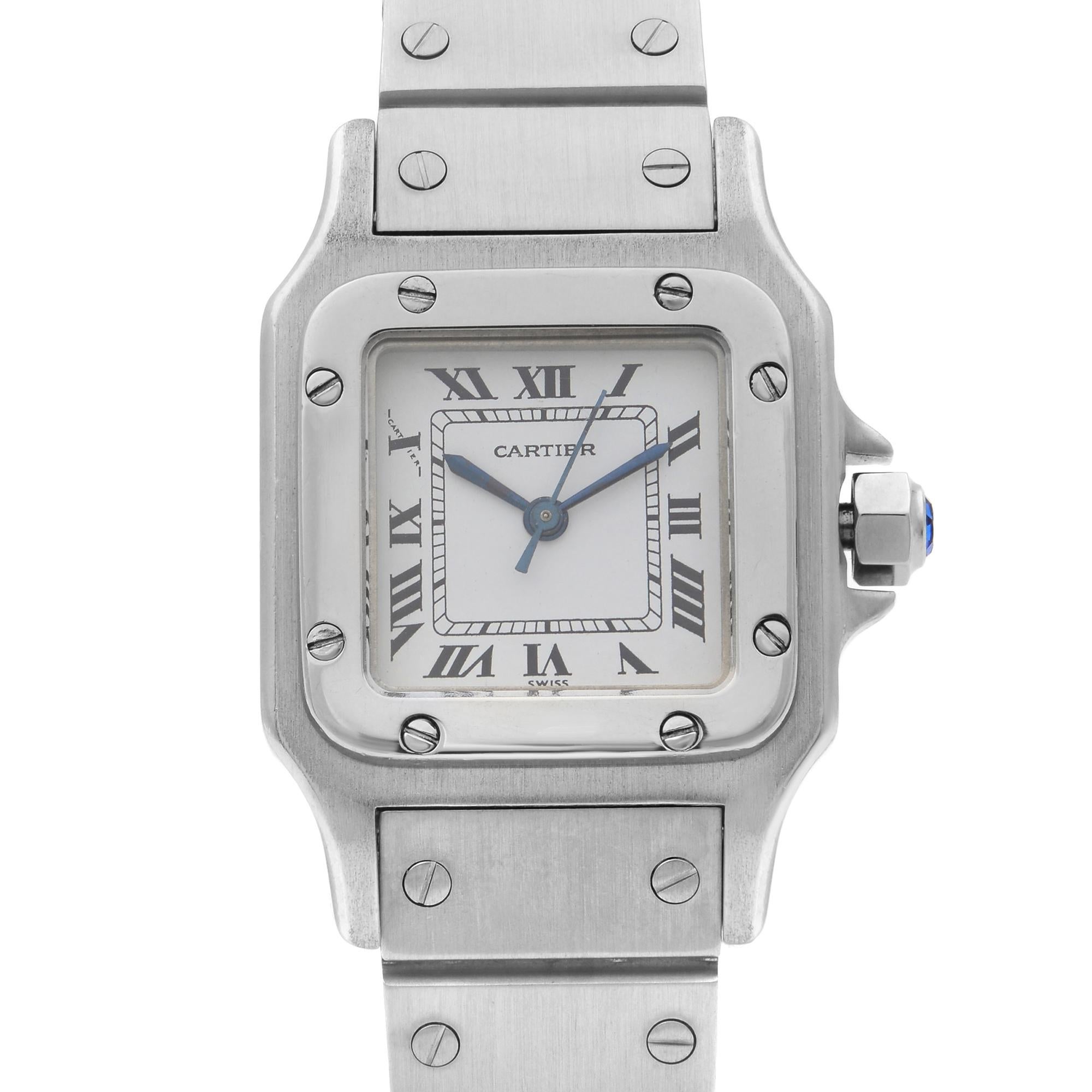 Pre Owned Cartier Santos Galbee 24MM Steel White Dial Automatic Ladies Watch Great Condition. This Timepiece Features: Stainless Steel Case And Bracelet Fixed Stainless Steel Bezel with 8 Screws. White Dial With Blue Steel Sword Shape Hands and