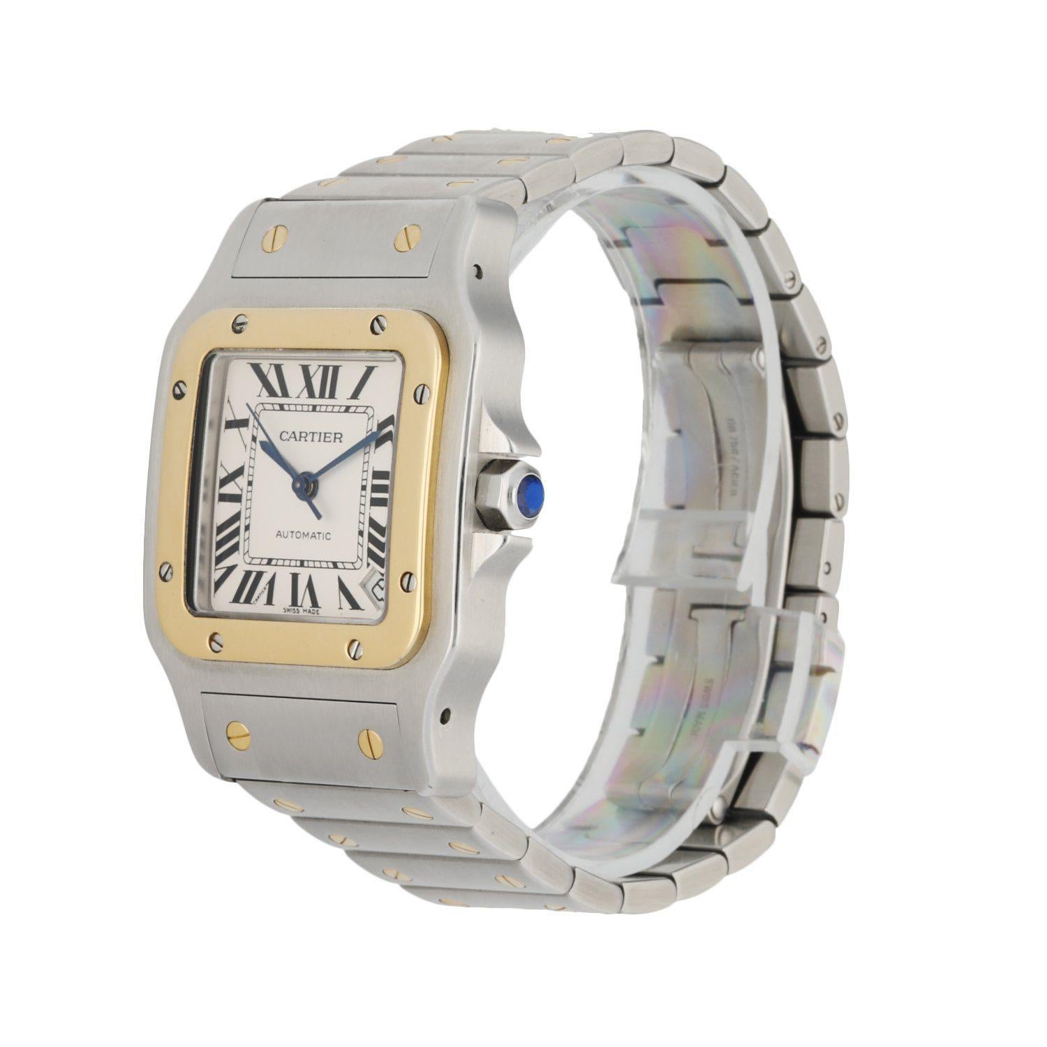 Cartier Santos Galbee 2823 men's watch. 32mm stainless steel case with 18k yellow gold bezel. White dial with blue hands and black Roman numeral markers. Date display between 4 & 5 o'clock. Stainless steel band with 18K yellow gold screws and a