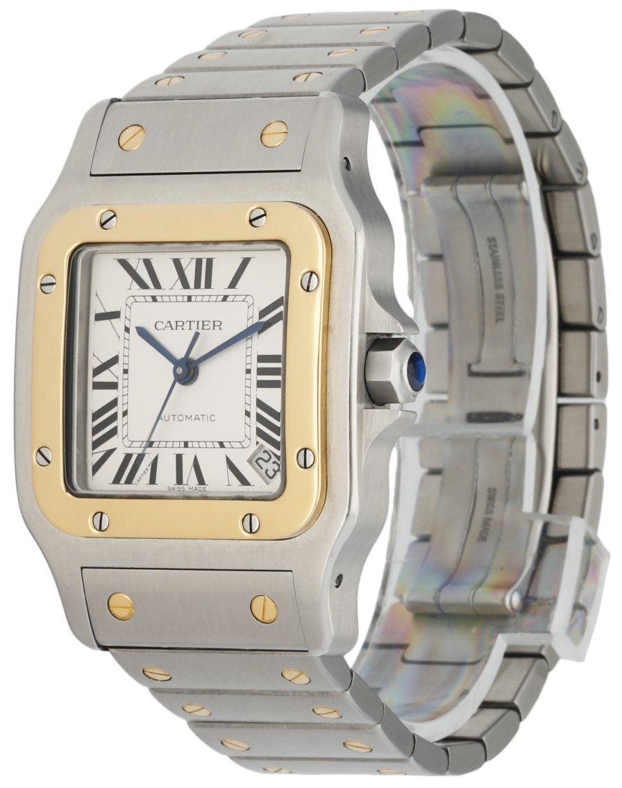
Cartier Santos Galbee 2823 men's watch. 32mm stainless steel case with 18k yellow gold bezel. White dial with blue hands and black Roman numeral markers. Date display between 4 & 5 o'clock. Stainless steel band with 18K yellow gold screws and a