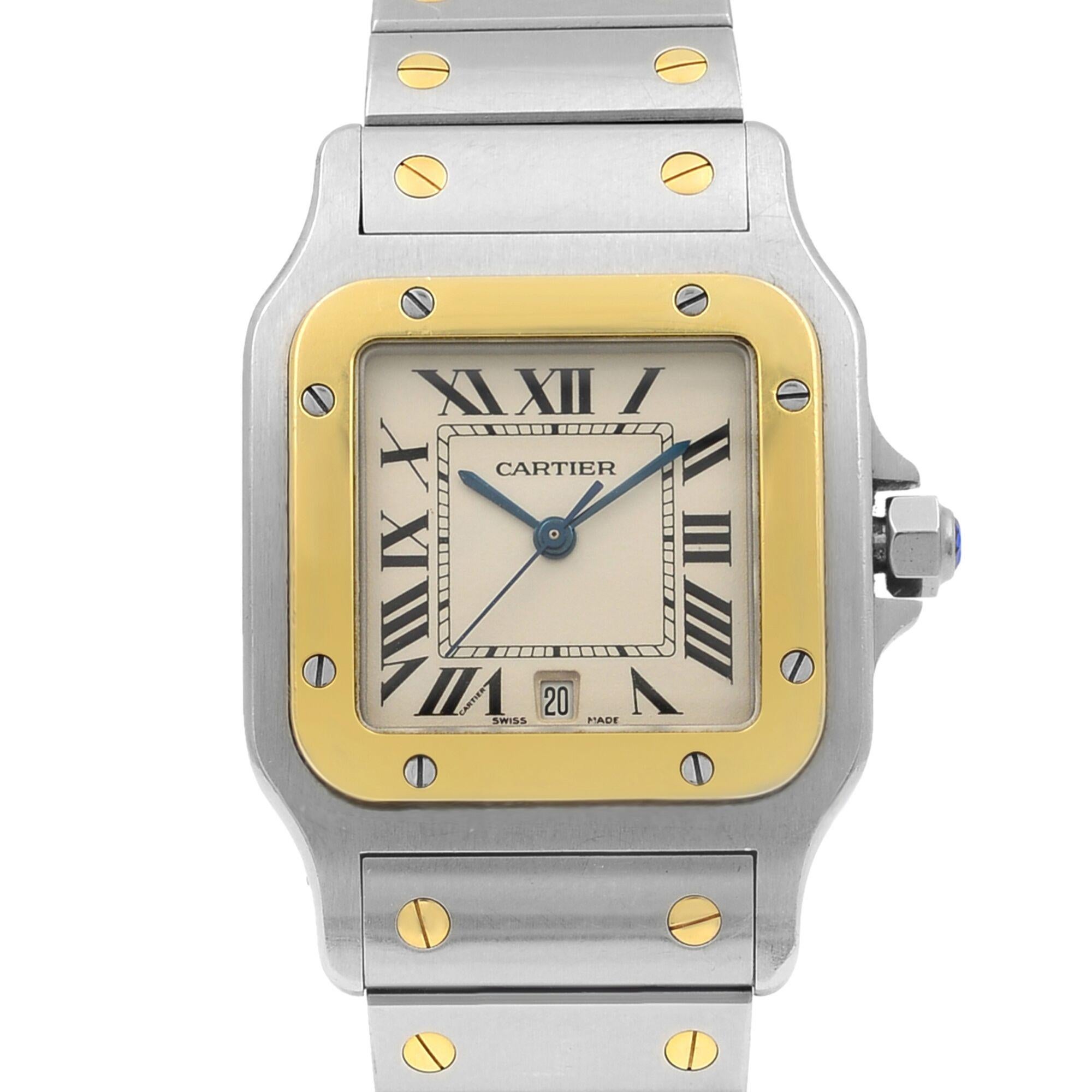 Pre-Owned Like New Cartier Santos Galbee Stainless Steel Gold White Dial Unisex Quartz Watch 1566. This Beautiful Timepiece is Powered by Quartz (Battery) Movement And Features: Stainless Steel Case with a Stainless Steel Bracelet with 2 Gold