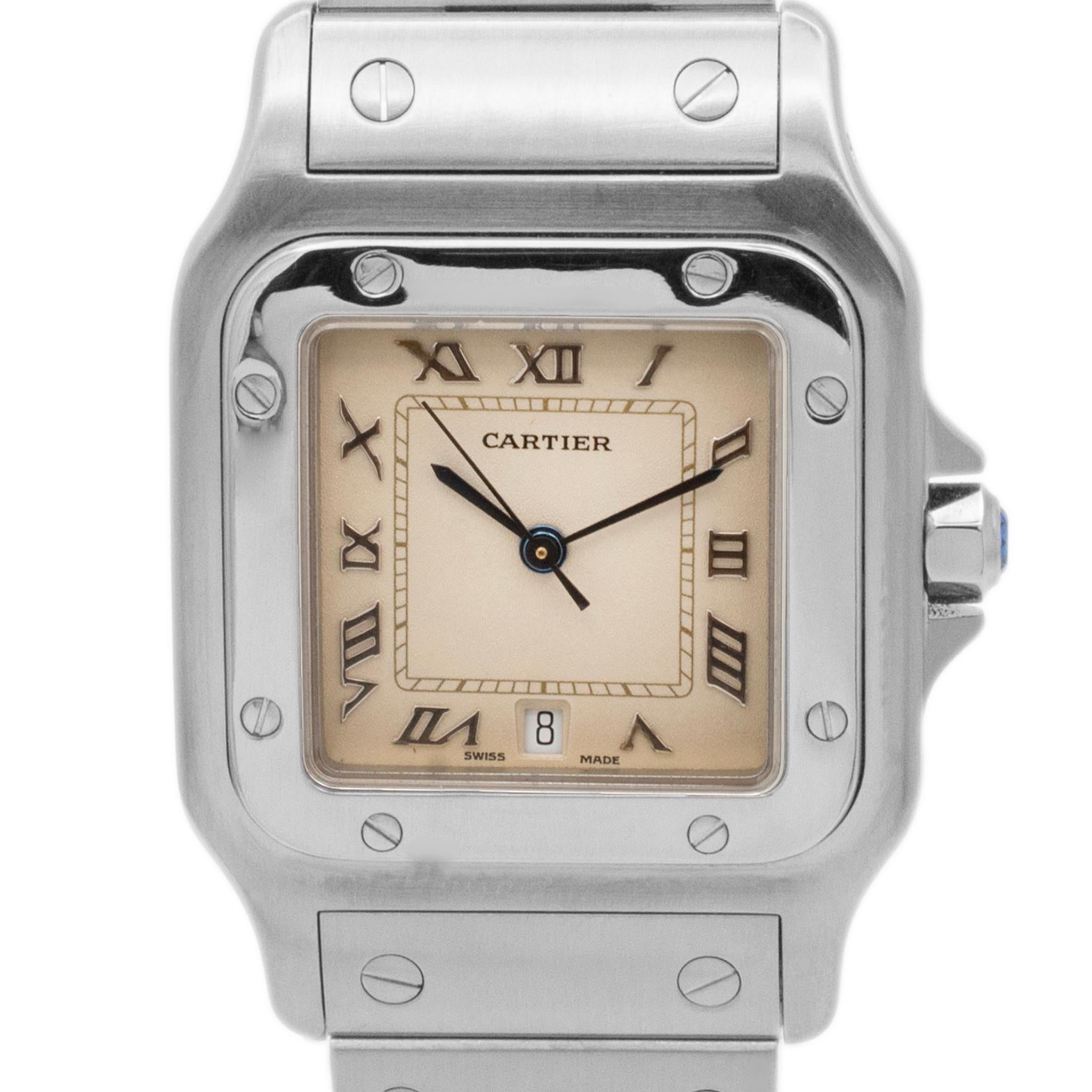 Marke: Cartier 

Geschlecht: Unisex

Metalltyp: Rostfreier Stahl

Gewicht: 84,56 Gramm

Schweizer Uhr aus Edelstahl, hergestellt von Cartier. Die Marke 