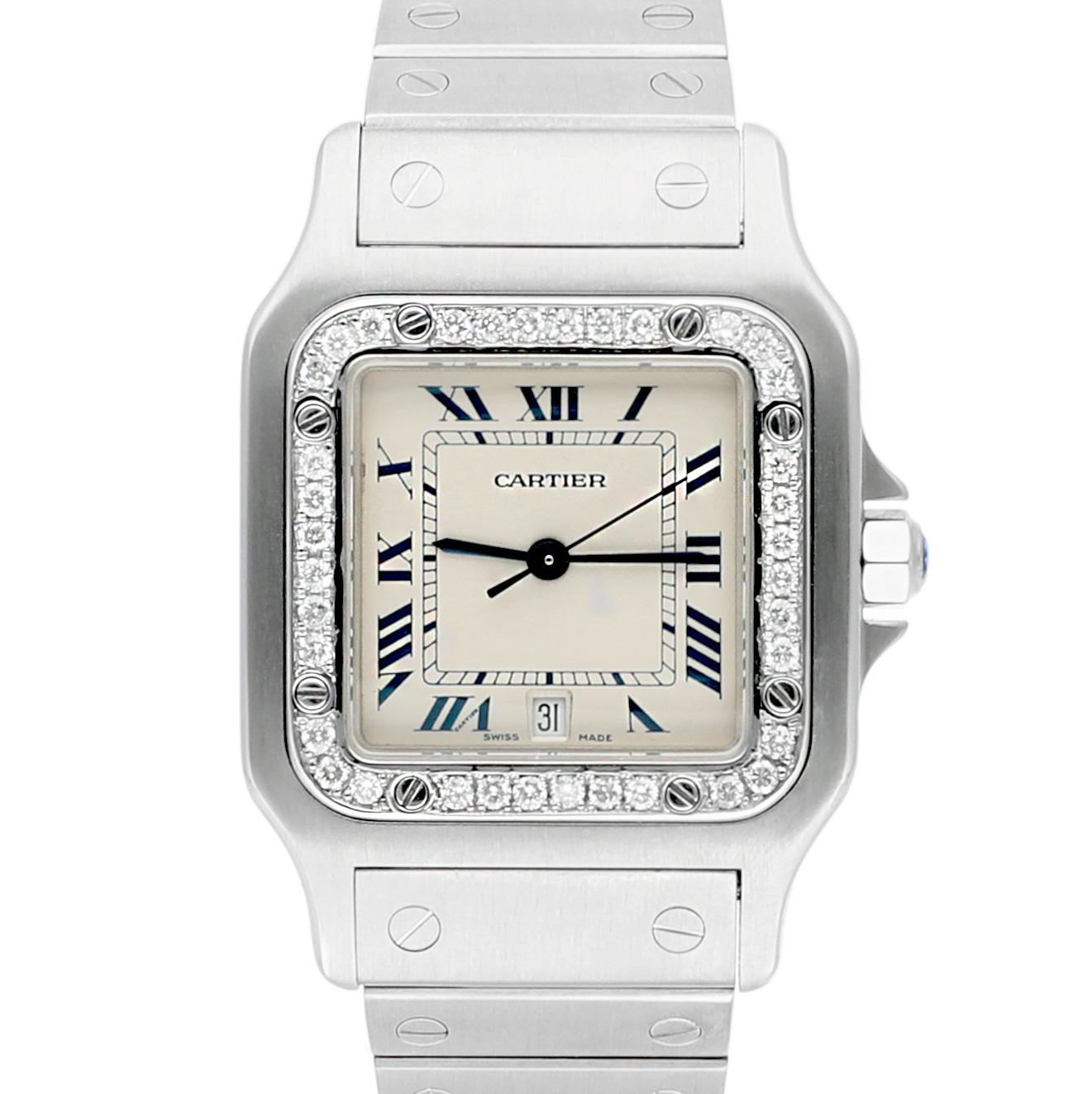 Cartier Santos Galbee 29 mm Damenuhr aus Edelstahl mit Diamant-Lünette 1564
Diese Uhr wurde professionell poliert und gewartet und befindet sich in einem ausgezeichneten Gesamtzustand. Es gibt absolut keine sichtbaren Kratzer oder Schönheitsfehler.