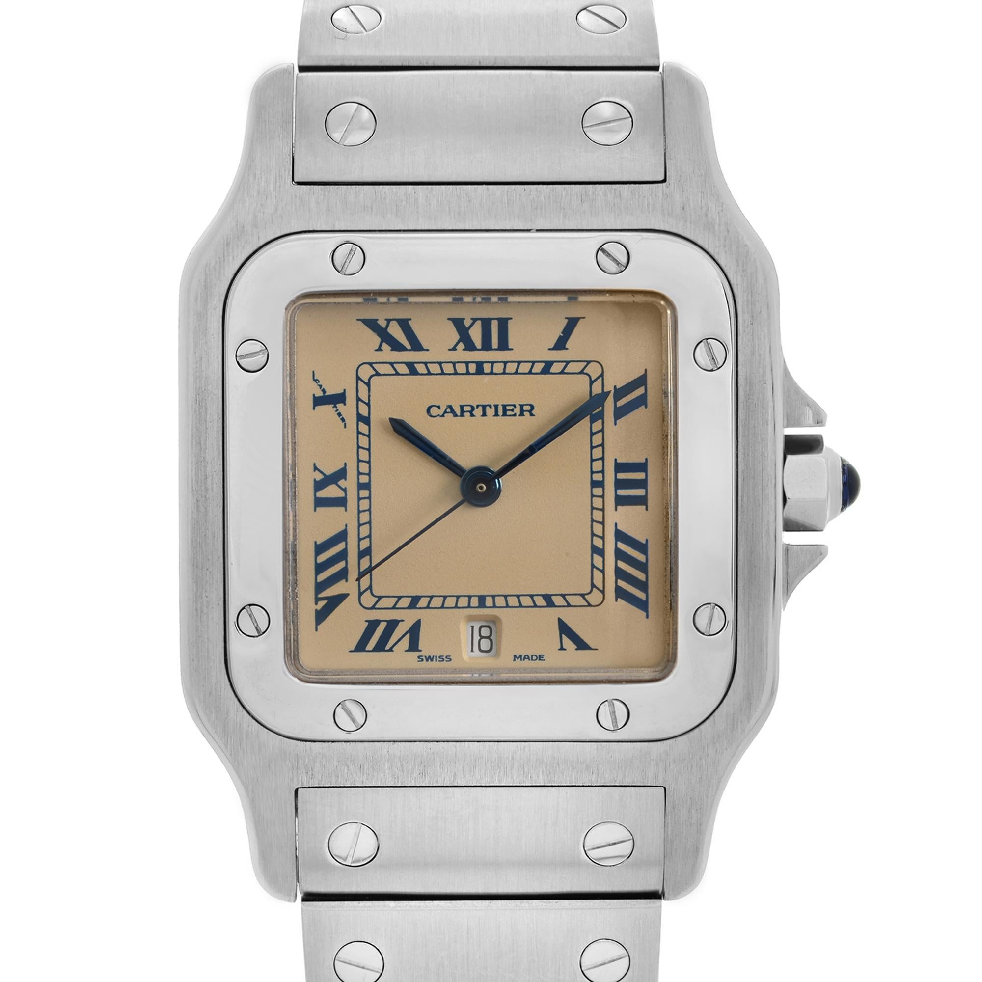 Pre-owned Cartier Santos Galbee 29mm Stainless Steel Cream Dial Men's Quartz Watch 987901. Small Damage on Seconds Hands Under Closer Inspection with the help of magnifying glass only. . This Beautiful Timepiece is Powered by Quartz (Battery)