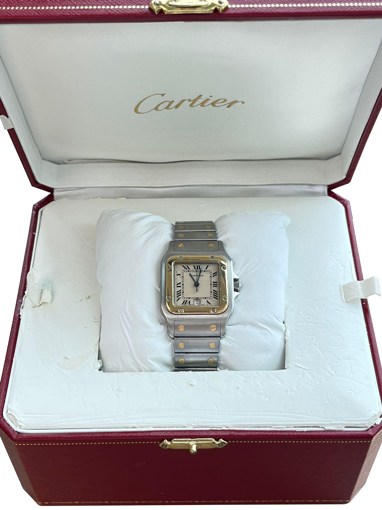 Cartier Santos Galbee 29mm Steel Yellow Gold Mens Watch 187901. Quartz movement. Stainless steel case 29.0 x 29.0 mm. Steel octagonal crown set with the faceted spinel. 18K yellow gold bezel punctuated with 8 signature screws—scratch-resistant