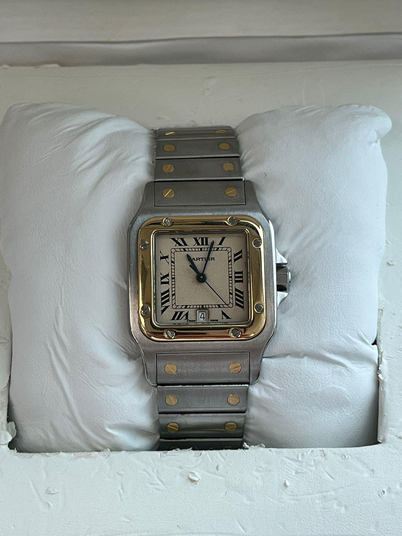 Modernist Cartier Santos Galbee 29mm Steel 18K Yellow Gold Mens Watch 187901 For Sale