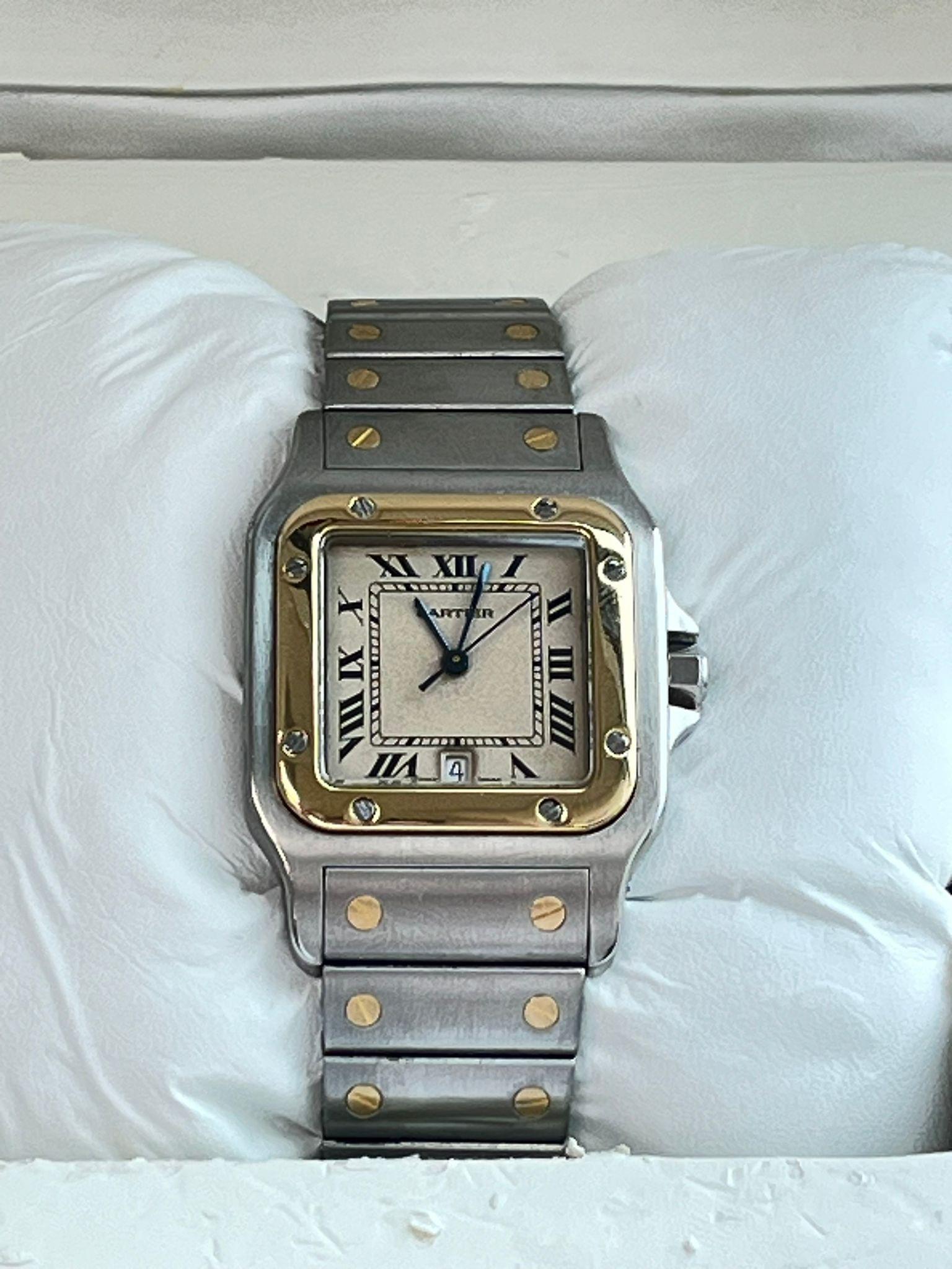 Cartier Santos Galbee 29mm Steel 18K Yellow Gold Mens Watch 187901 In Good Condition For Sale In Aventura, FL