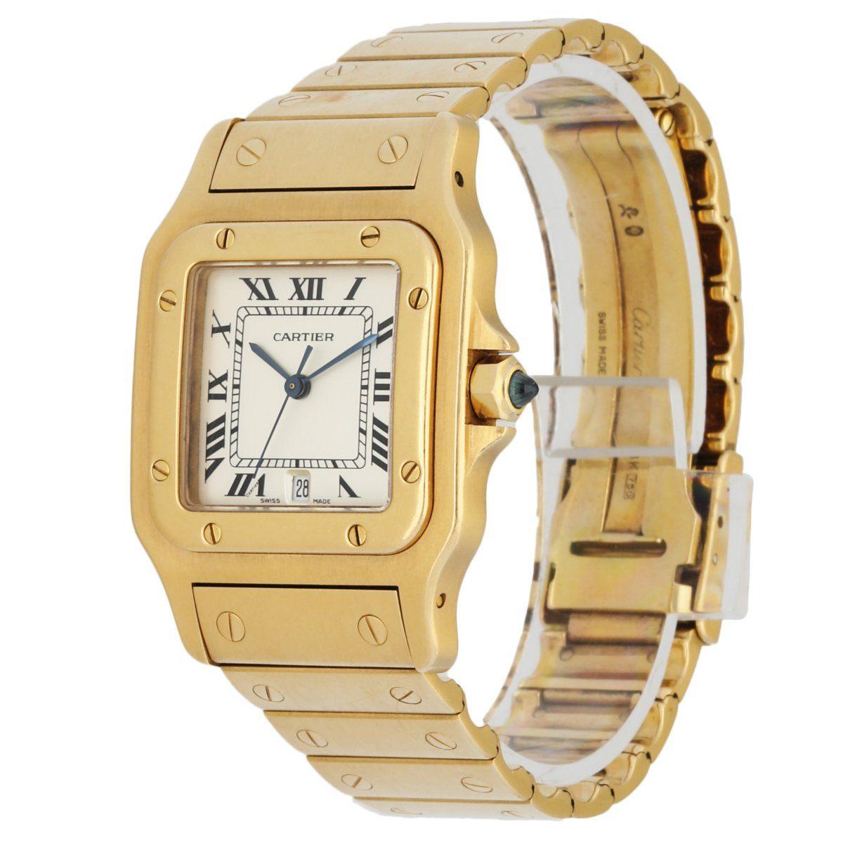 Cartier Santos Galbee large Ladies Watch. 30mm 18K yellow gold case with smooth 18K yellow gold bezel. White dial with blue steel hands andÂ Roman numeral hour markers. Minute markers on theÂ inner rim. Date display at 6 o'clock position. 18K Yellow