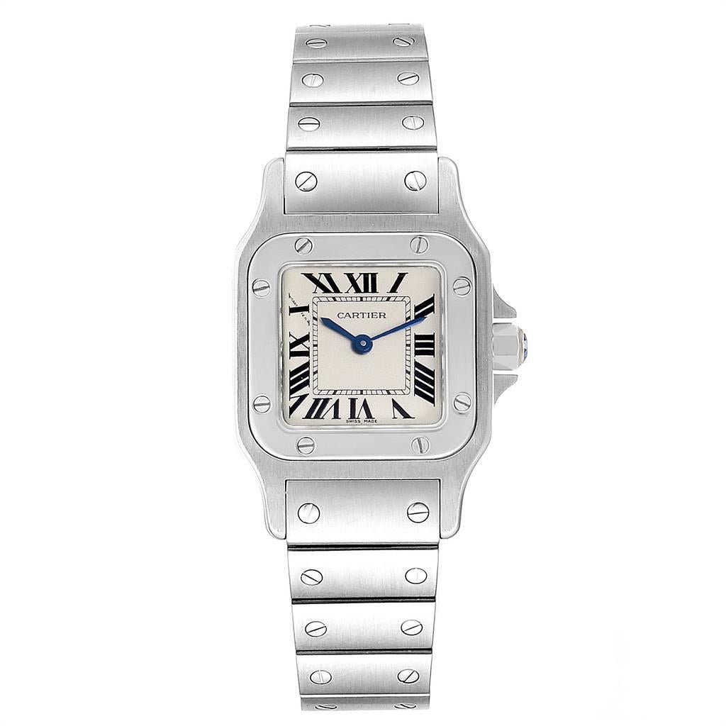Cartier Santos Galbee Blue Hands Steel Ladies Watch W20056D6. Quartz movement. Stainless steel case 24.0 x 24.0 mm. Steel octagonal crown set with the faceted spinel. Stainless steel bezel punctuated with 8 signature screws. Scratch resistant