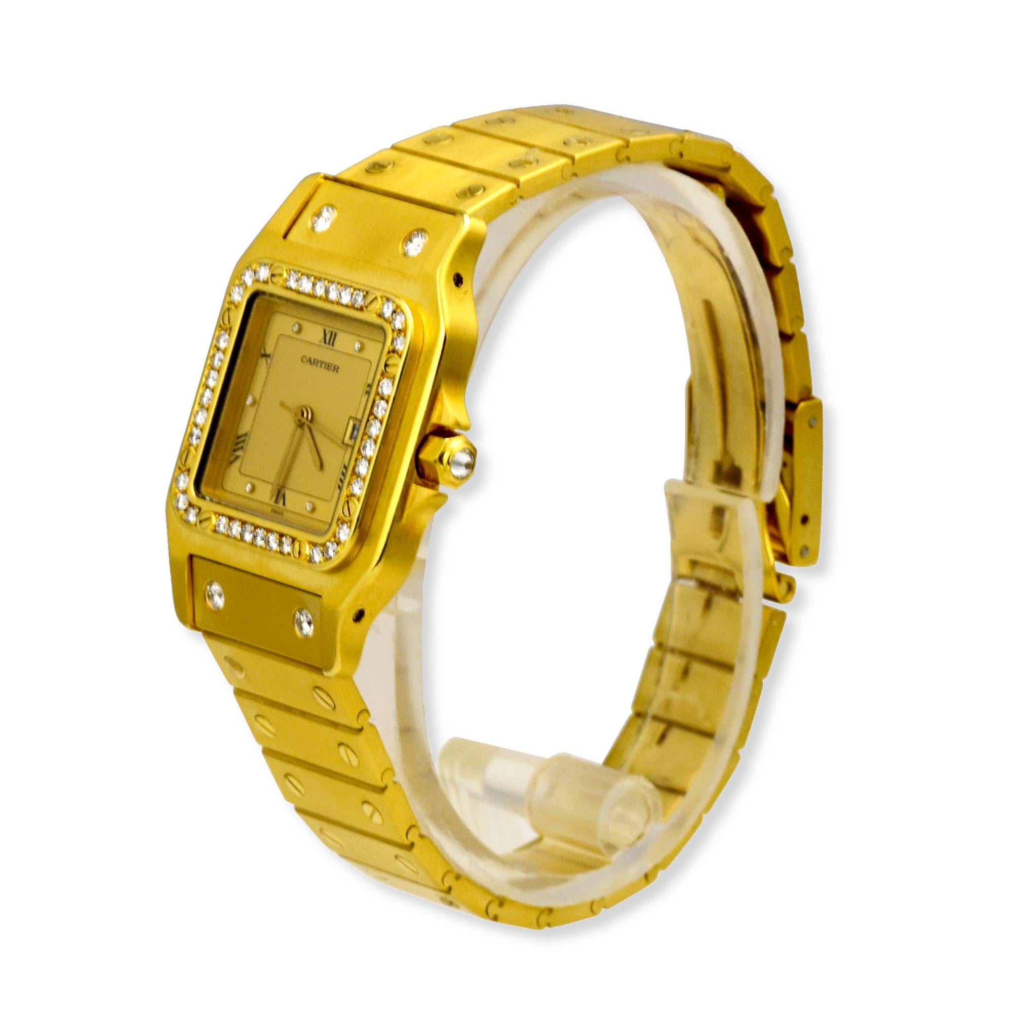 Brand: Cartier

Model: Santos Galbee 

Movement: Automatic 

Case Size: 29 mm

Dial: AM Diamond Hour Marker; Gold; Date Indicator  

Bezel: AM Diamonds 

Case Material: Yellow Gold

Bracelet Material: 18k Yellow Gold 

Crystal: Scratch-Resistant