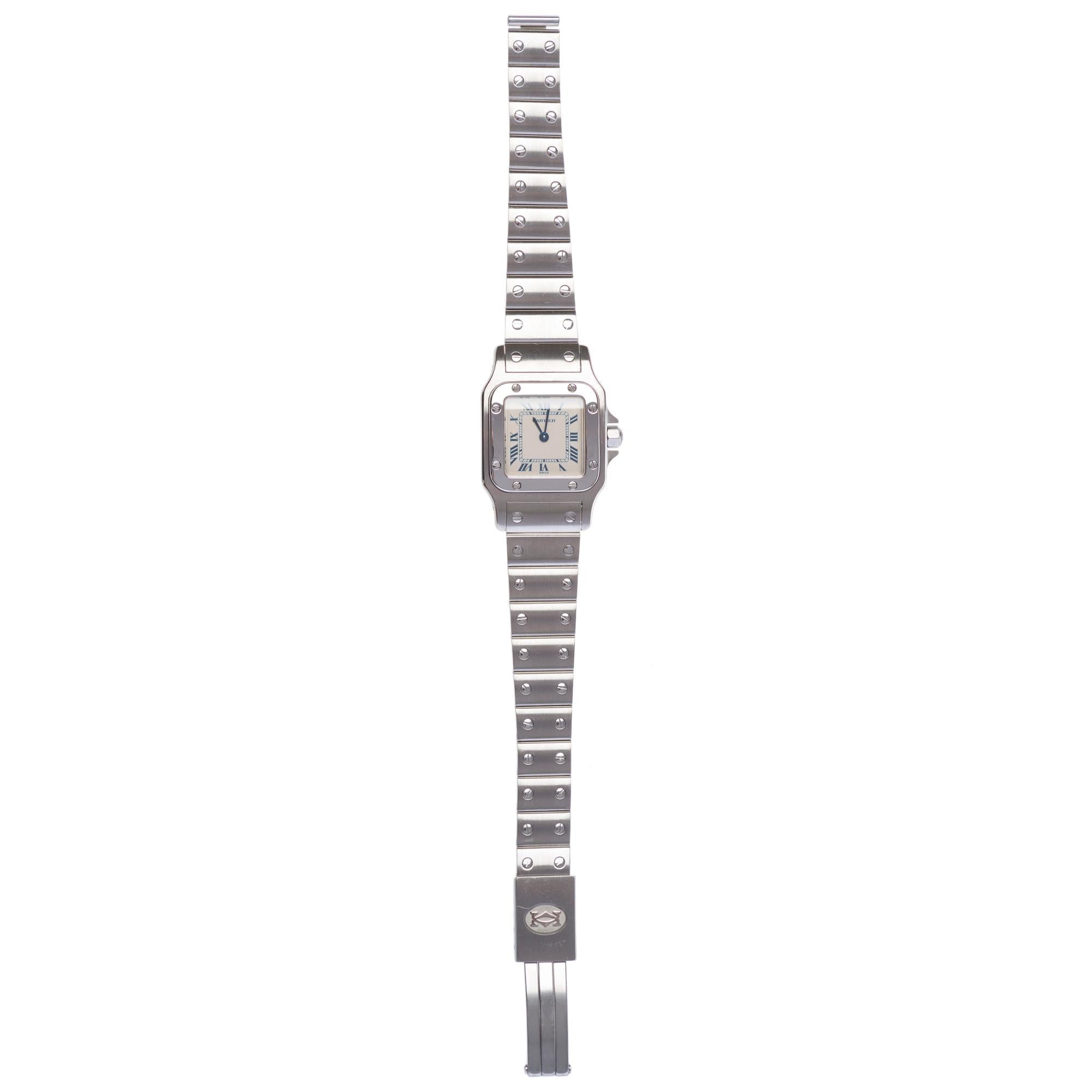 Brand:​ ​Cartier
Model:​ ​Santos​ ​Galbée
Reference:​ ​1565
Dial:​ ​Silver,​ ​blue​ ​minute​ ​markers
Caliber:​ ​Cartier​ ​Quartz
Case:​ ​Steel,​ ​No.​ ​BB076831
Dimensions:​ ​23​ ​x​ ​34​ ​mm
Bracelet:​ ​Signed​ ​Cartier​ ​steel,​ ​folding​