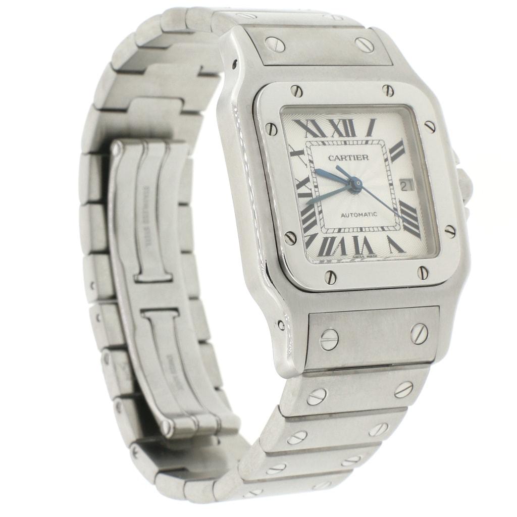 Cartier Santos Galbee Large Silver Roman Dial Automatic Watch In Excellent Condition For Sale In New York, NY