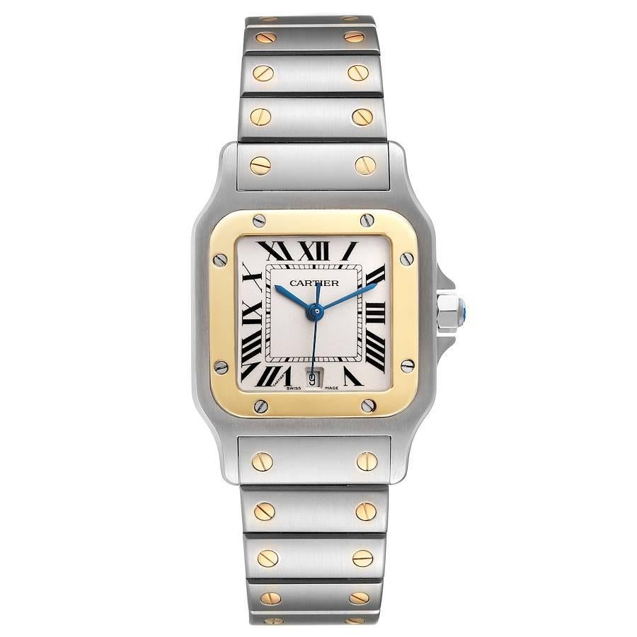 Cartier Santos Galbee Large Steel Yellow Gold Mens Watch W20011C4. Quartz movement. Stainless steel case 29.0 x 41.0 mm. Steel octagonal crown set with a faceted cabochon. 18K yellow gold bezel punctuated with 8 signature screws. Scratch resistant