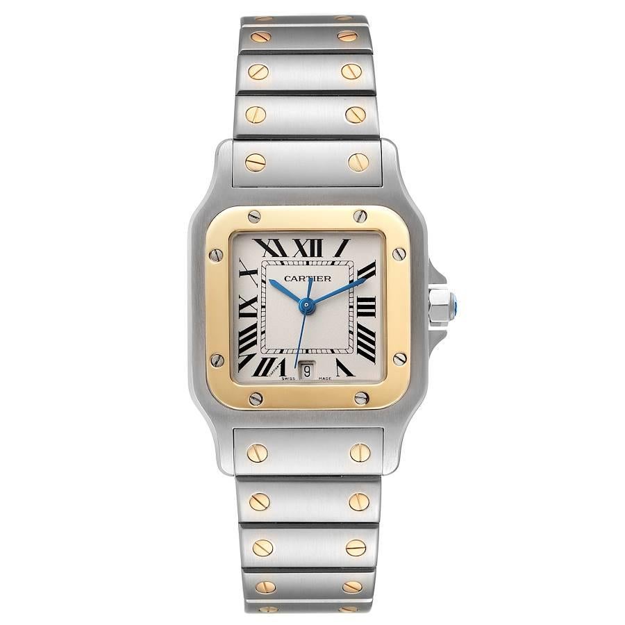 Cartier Santos Galbee Large Steel Yellow Gold Unisex Watch 1566. Quartz movement. Stainless steel case 29.0 x 29.0 mm. Steel octagonal crown set with the faceted spinel. 18K yellow gold bezel punctuated with 8 signature screws. Scratch resistant