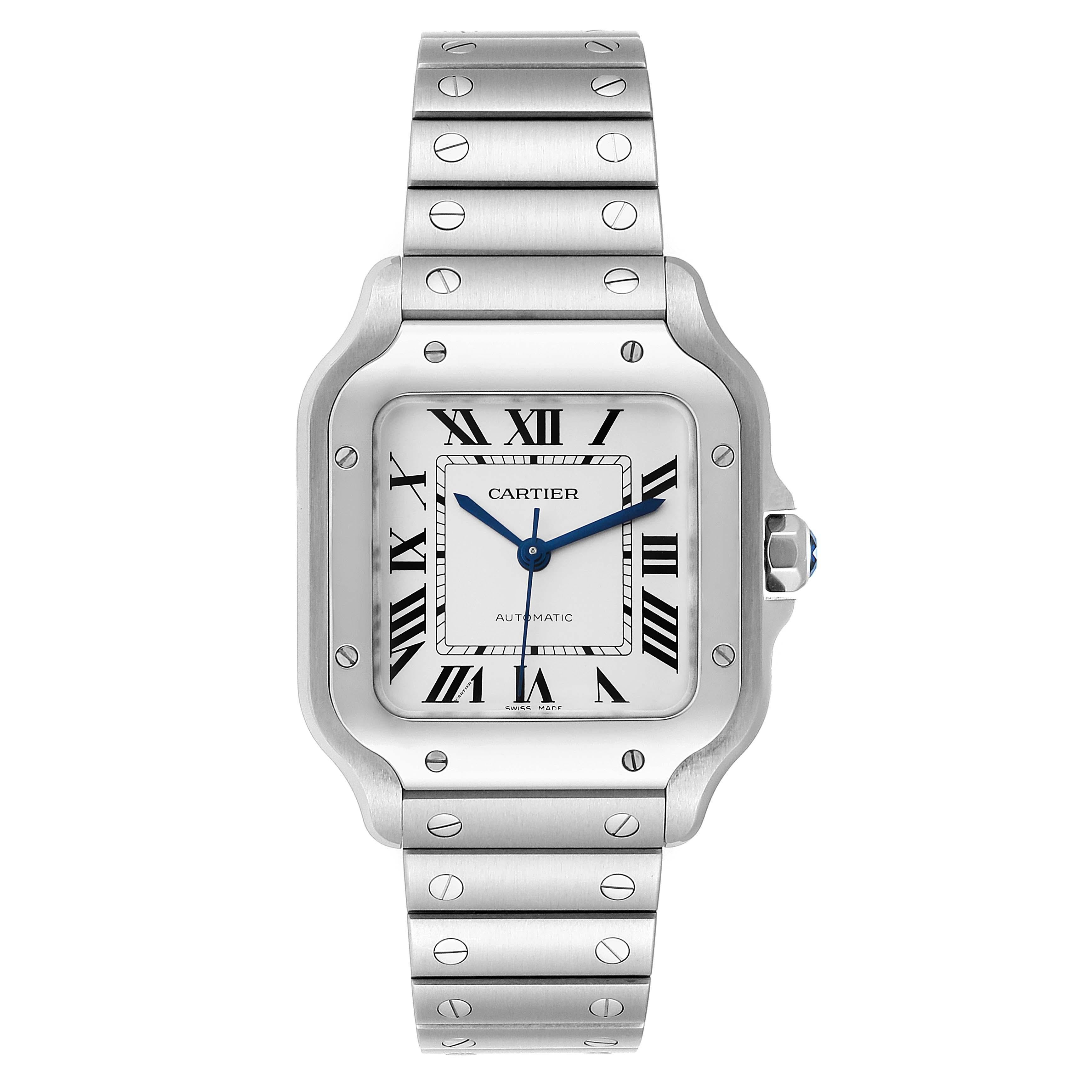 Cartier Santos Galbee Medium Steel Mens Watch WSSA0010 Unworn. Automatic self-winding movement. Stainless steel case 35.1 mm x 41.9 mm mm. Steel octagonal crown set with the faceted spinel. Stainless steel bezel punctuated with 8 signature screws.