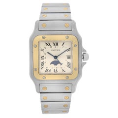 Cartier Santos Galbee Moonphase 18k Gold Steel Cream Dial Men Watch 119901