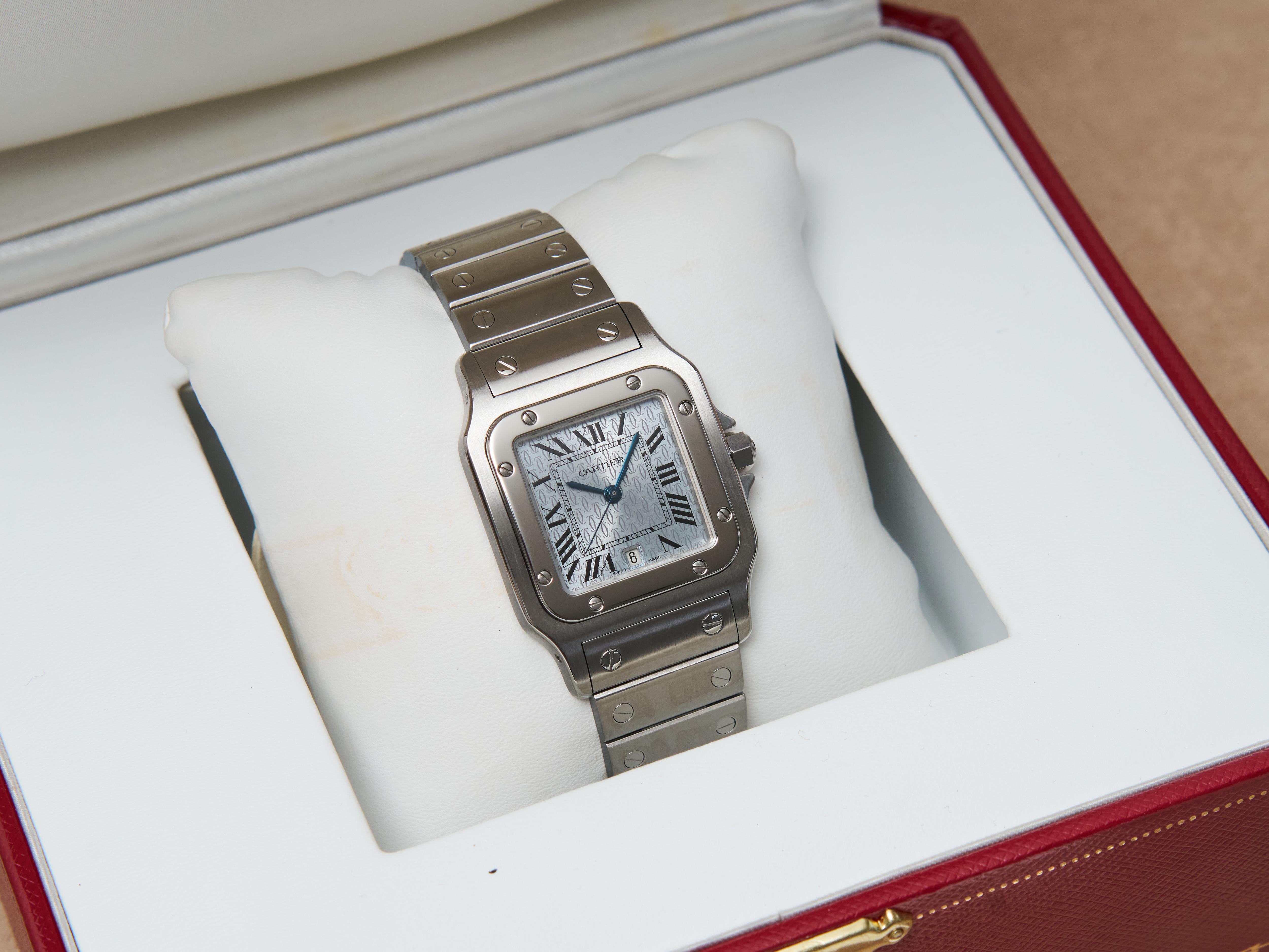 Cartier Santos Galbee PM Ice Blue Logo Dial 29mm Steel Watch 1564 W20060D6 B&P For Sale 5