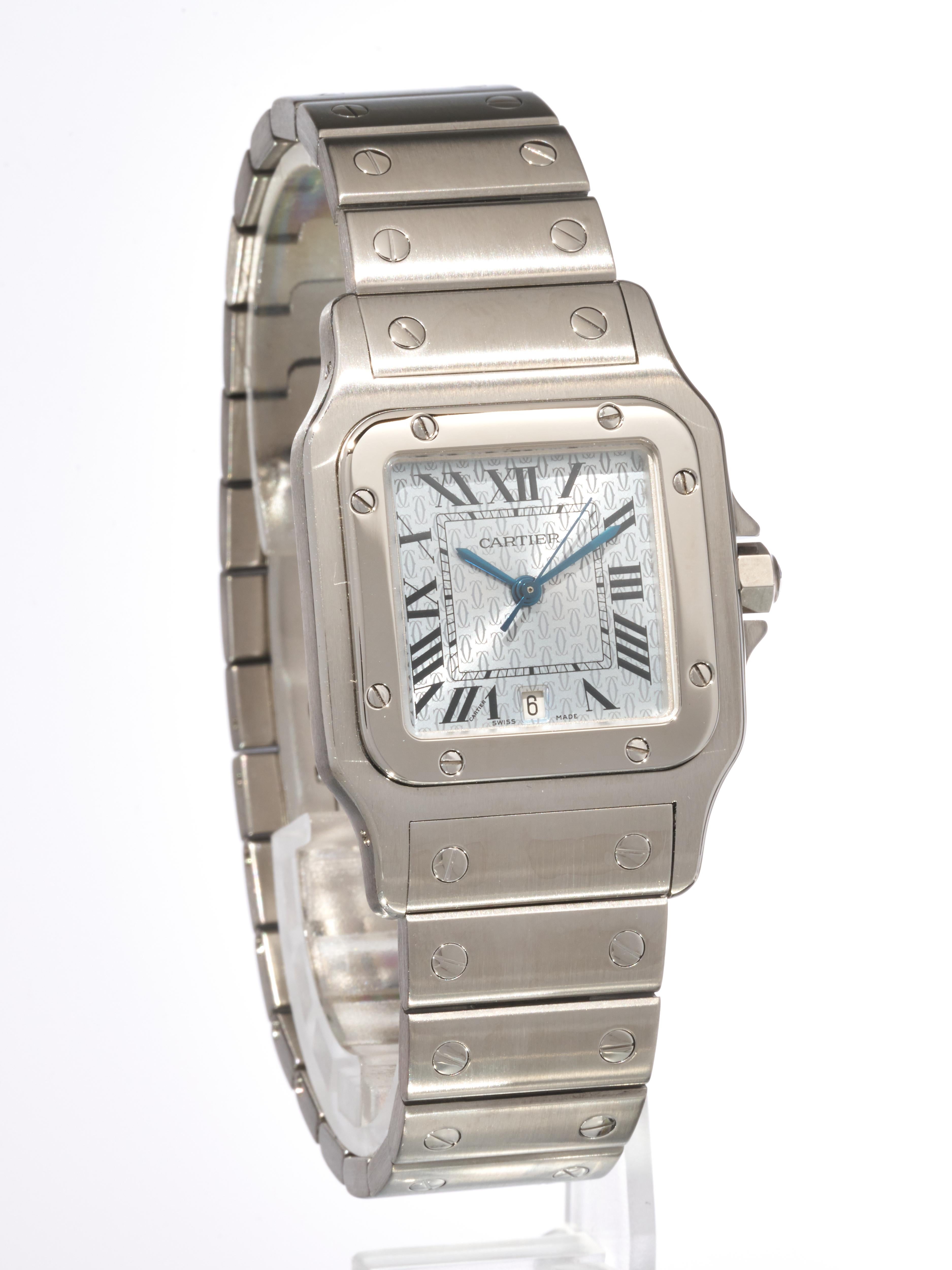 Fork In Time is proud to offer on the 1st Dibs marketplace:

Cartier 
Santos Galbee PM 
Ice Blue Logo Anniversary Dial 


Stainless Steel Watch
Reference 1564 W20060D6 


29mm Case Width [33mm with Crown]
40mm Case Lug to Lug
7mm Case Thickness

Ice