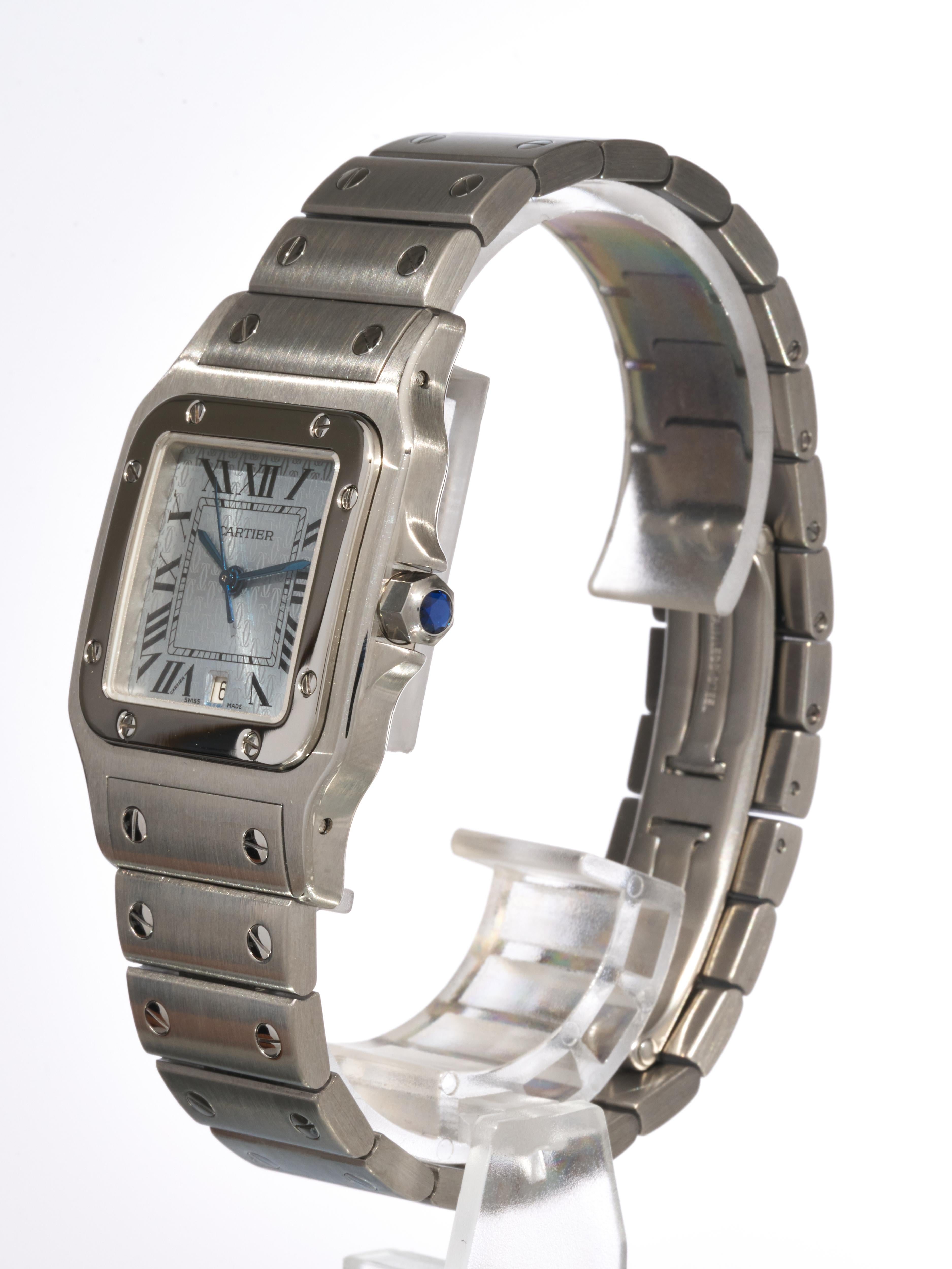 Cartier Santos Galbee PM Ice Blue Logo Dial 29mm Steel Watch 1564 W20060D6 B&P For Sale 3