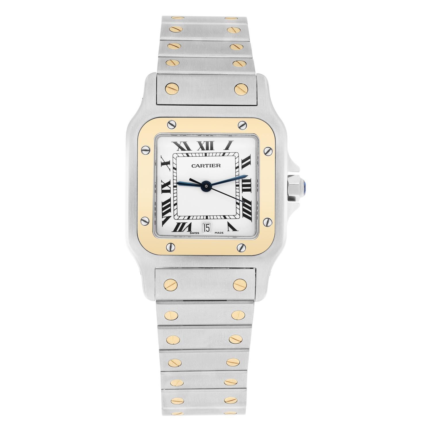 Elevate your style with this stunning Cartier Santos Galbee wristwatch. Crafted from high-quality stainless steel and elegant yellow gold, this luxury timepiece boasts a fixed bezel in a bold yellow color, with Roman numeral indices on a silver