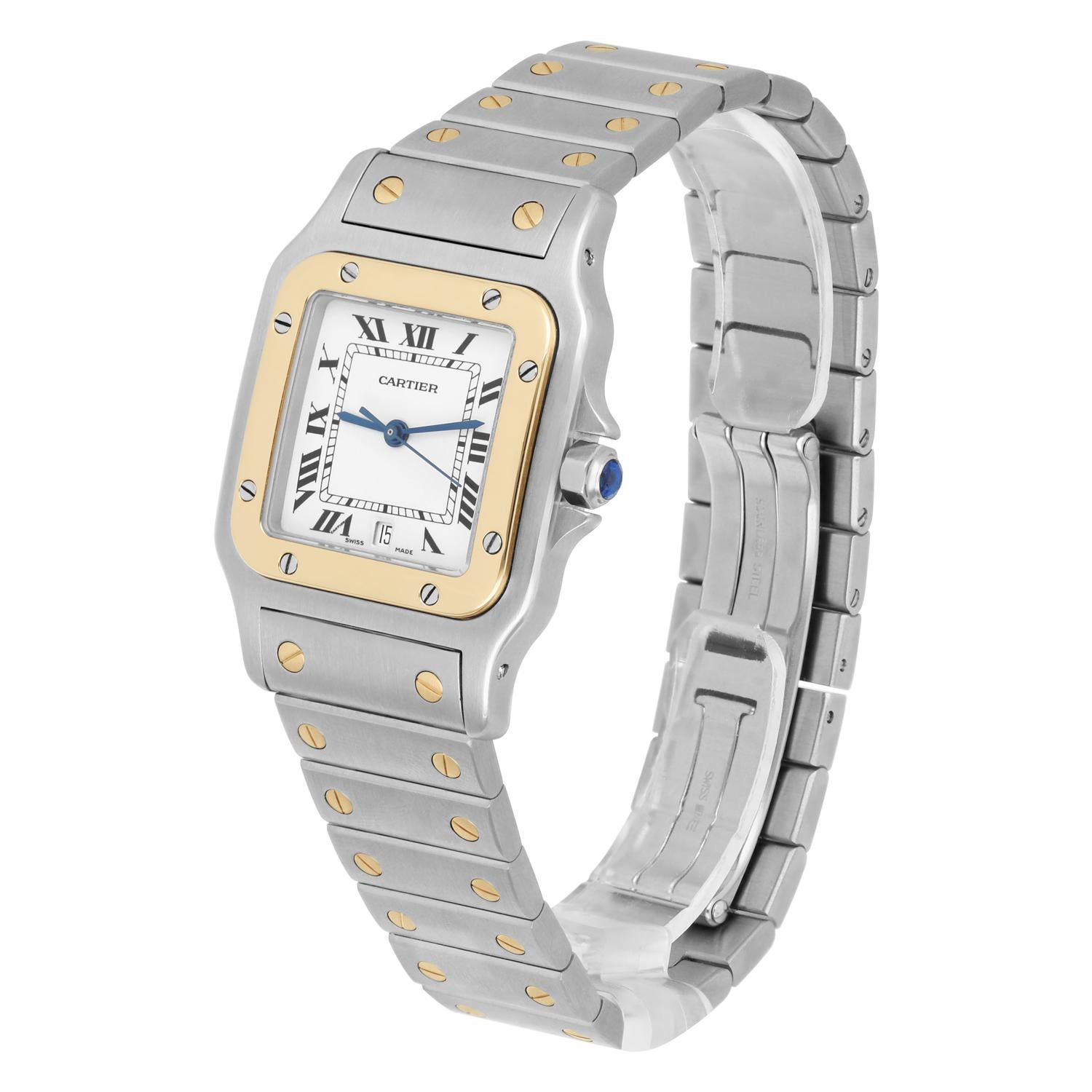 Cartier Santos Galbee Quartz 29 mm Two Tone Yellow Gold Ladies Watch W20011C4 In Excellent Condition For Sale In New York, NY