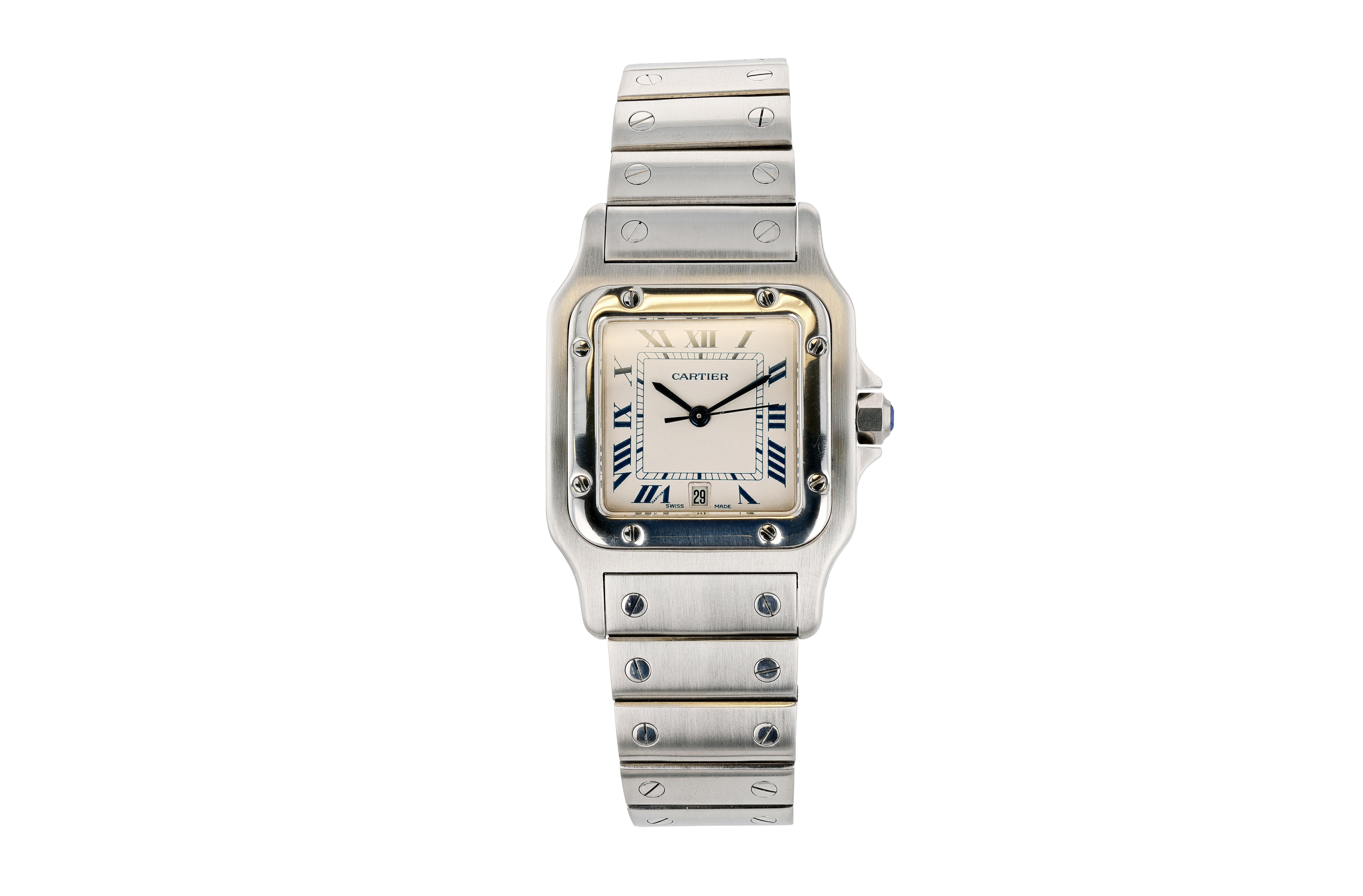 Une montre-bracelet à quartz vintage, vers 1985, Cartier Santos CIRCA, avec un cadran ivoire très recherché et des chiffres romains bleu marine. Le garde-temps présente les chiffres romains caractéristiques de Cartier, une aiguille des secondes à