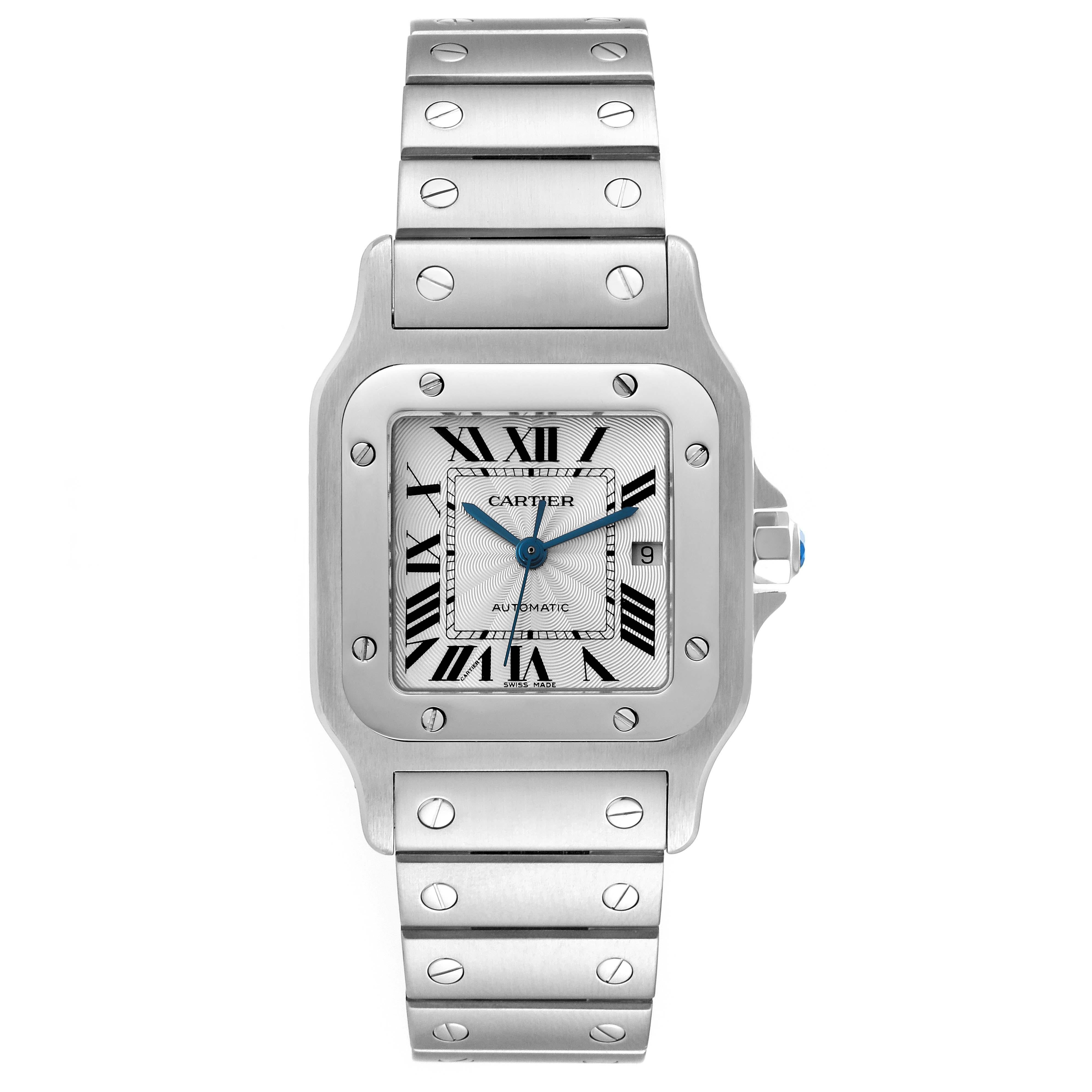 Cartier Santos Galbee Silver Dial Automatic Steel Mens Watch W20055D6 Box Papers. Automatic self-winding movement. Stainless steel case 29.0 x 29.0 mm. Steel octagonal crown set with the faceted blue spinel. Stainless steel bezel punctuated with 8