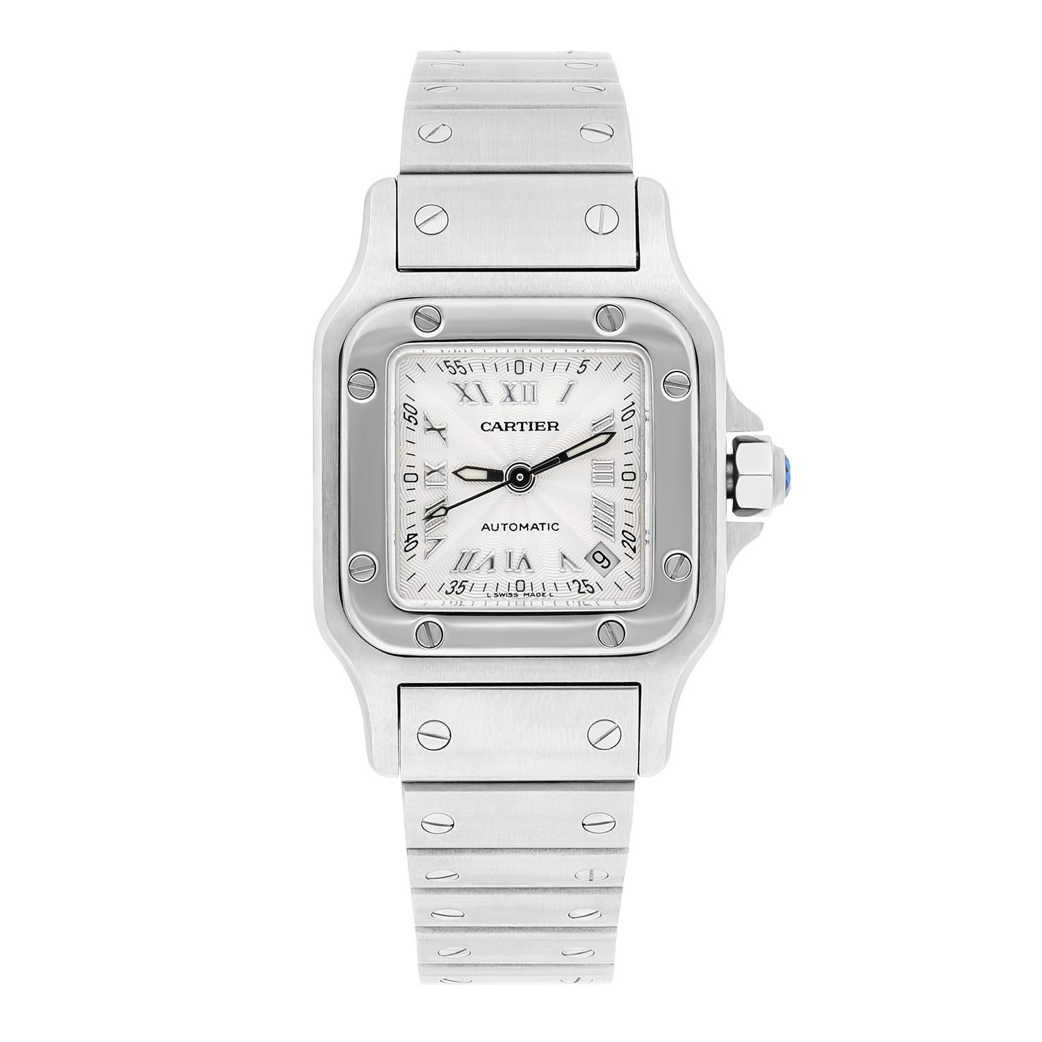 This Cartier Santos Galbee wristwatch is a timeless piece that combines luxury and versatility. The watch features a stainless steel case with a fixed bezel and a silver dial with Roman numerals. The bracelet is also made of stainless steel, giving