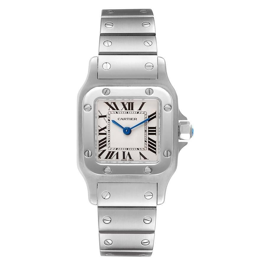 Cartier Santos Galbee Silver Dial Small Steel Ladies Watch W20056D6. Quartz movement. Stainless steel case 24.0 x 24.0 mm. Steel octagonal crown set with the faceted spinel. Stainless steel bezel punctuated with 8 signature screws. Scratch resistant