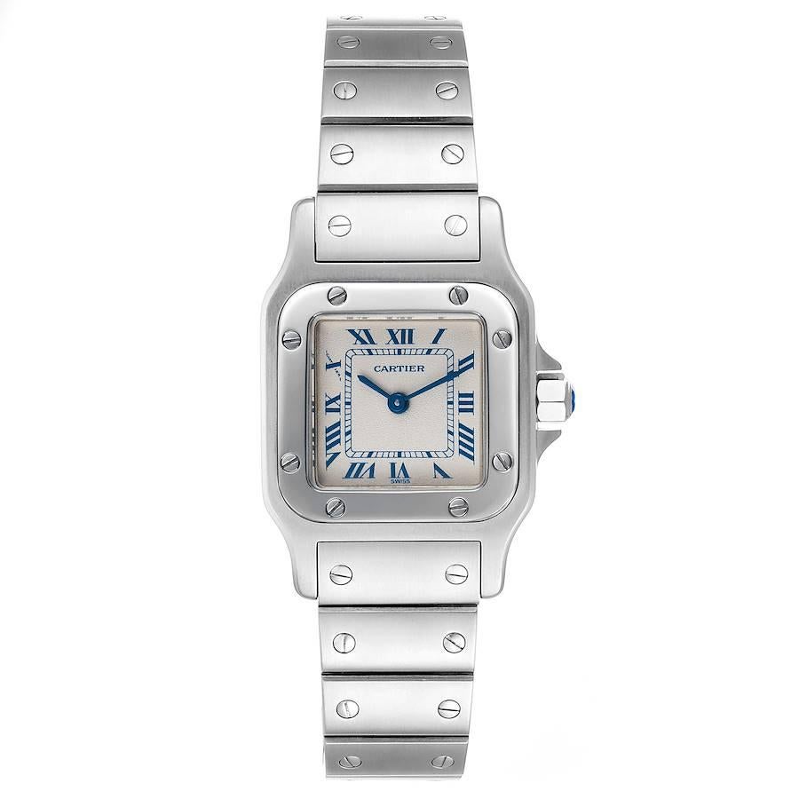 Cartier Santos Galbee Silver Dial Small Steel Ladies Watch W20056D6. Quartz movement. Stainless steel case 24.0 x 24.0 mm. Steel octagonal crown set with the faceted spinel. Stainless steel bezel punctuated with 8 signature screws. Scratch resistant