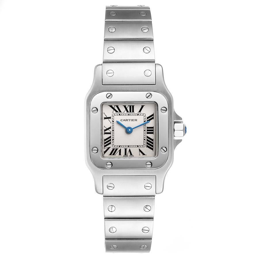Cartier Santos Galbee Silver Dial Small Steel Ladies Watch W20056D6. Quartz movement. Stainless steel case 24.0 x 34.0 mm. Steel octagonal crown set with a faceted cabochon. . Scratch resistant sapphire crystal. Silver dial with black Roman