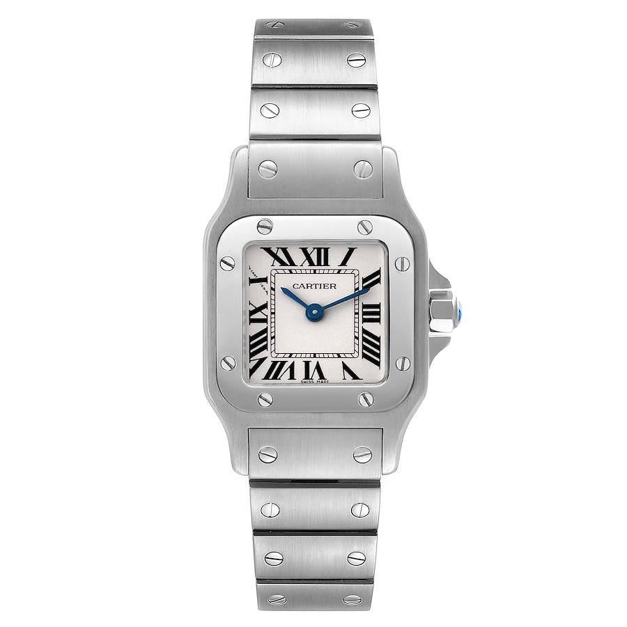 Cartier Santos Galbee Silver Dial Small Steel Ladies Watch W20056D6. Quartz movement. Stainless steel case 24.0 x 34.0 mm. Steel octagonal crown set with a faceted cabochon. Stainless steel bezel punctuated with 8 signature screws. Scratch resistant