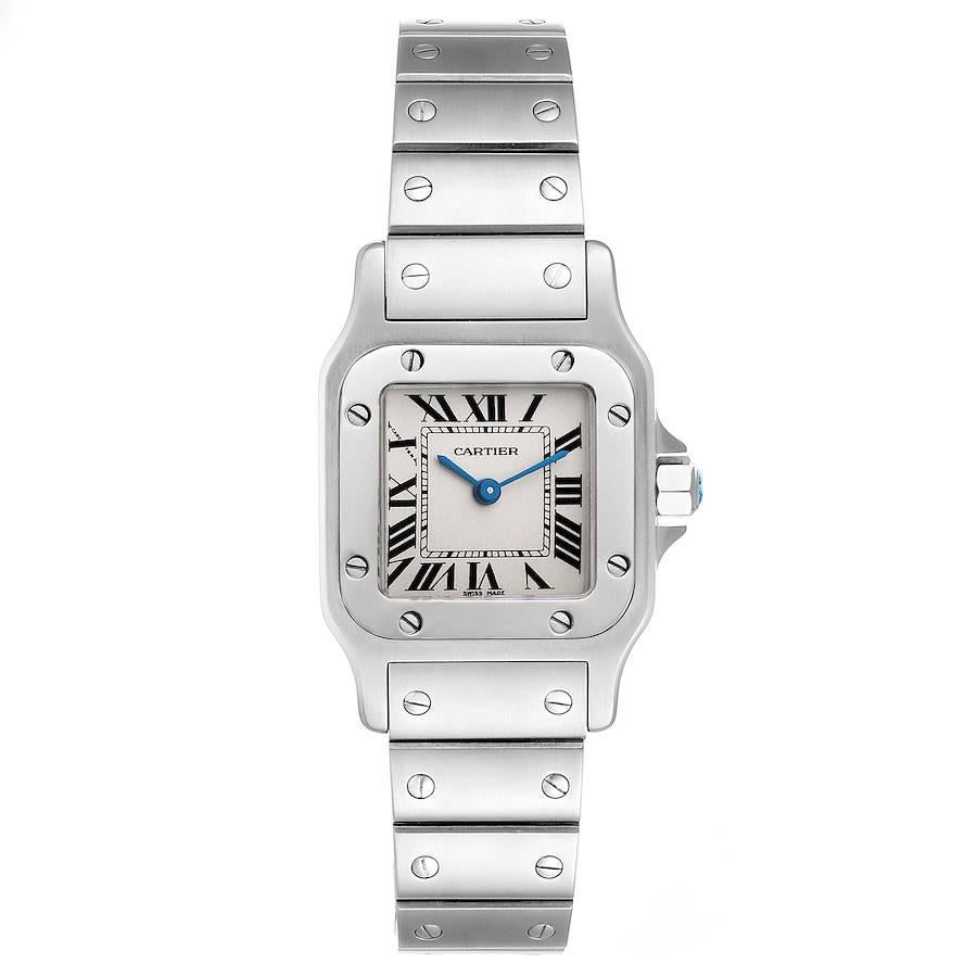 Cartier Santos Galbee Silver Dial Small Steel Ladies Watch W20056D6 Papers. Quartz movement. Stainless steel case 24.0 x 34.0 mm. Steel octagonal crown set with a faceted cabochon. Stainless steel bezel punctuated with 8 signature screws. Scratch