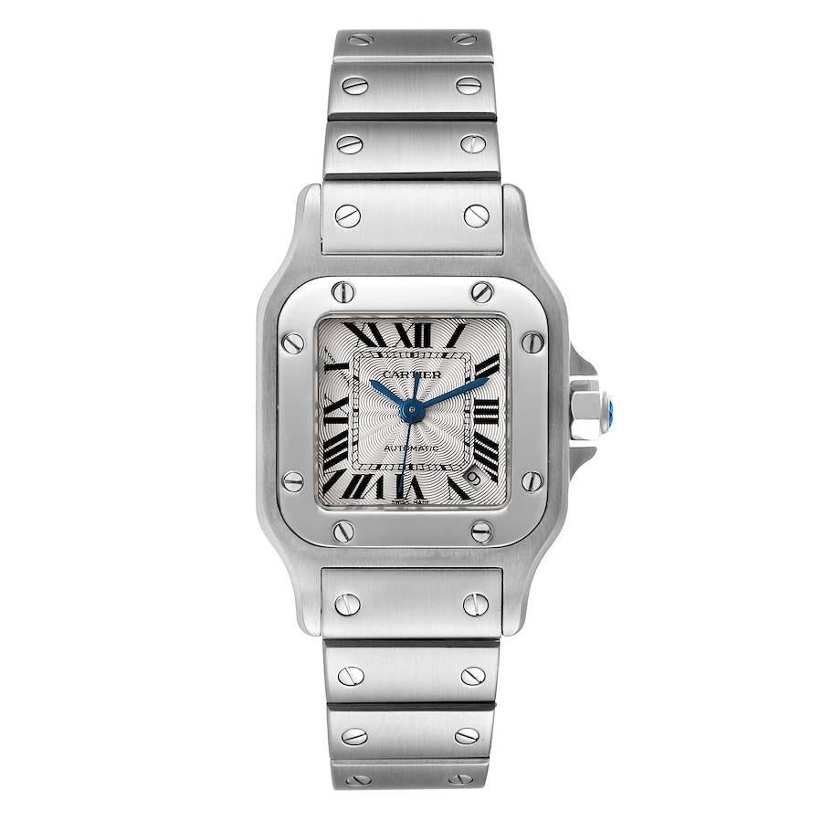 Cartier Santos Galbee Small Automatic Steel Ladies Watch W20054D6. Automatic self-winding movement. Stainless steel case 35 mm x 24 mm. Steel octagonal crown set with a faceted cabochon. Stainless steel bezel punctuated with 8 signature screws.