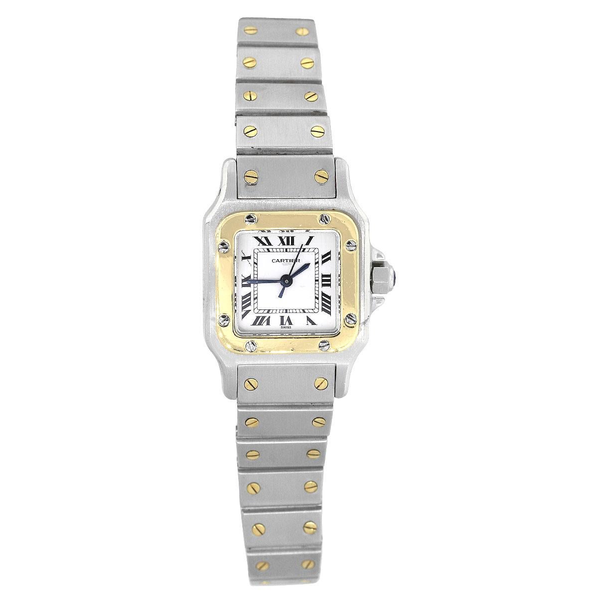 Brand: Cartier
Model: Santos Galbee
Case Material: Stainless steel
Case Diameter: 24mm
Crystal: Sapphire crystal
Bezel: Smooth 18k yellow gold bezel with stainless steel Cartier screws
Dial: White dial with black roman numerals. Blue hour and minute