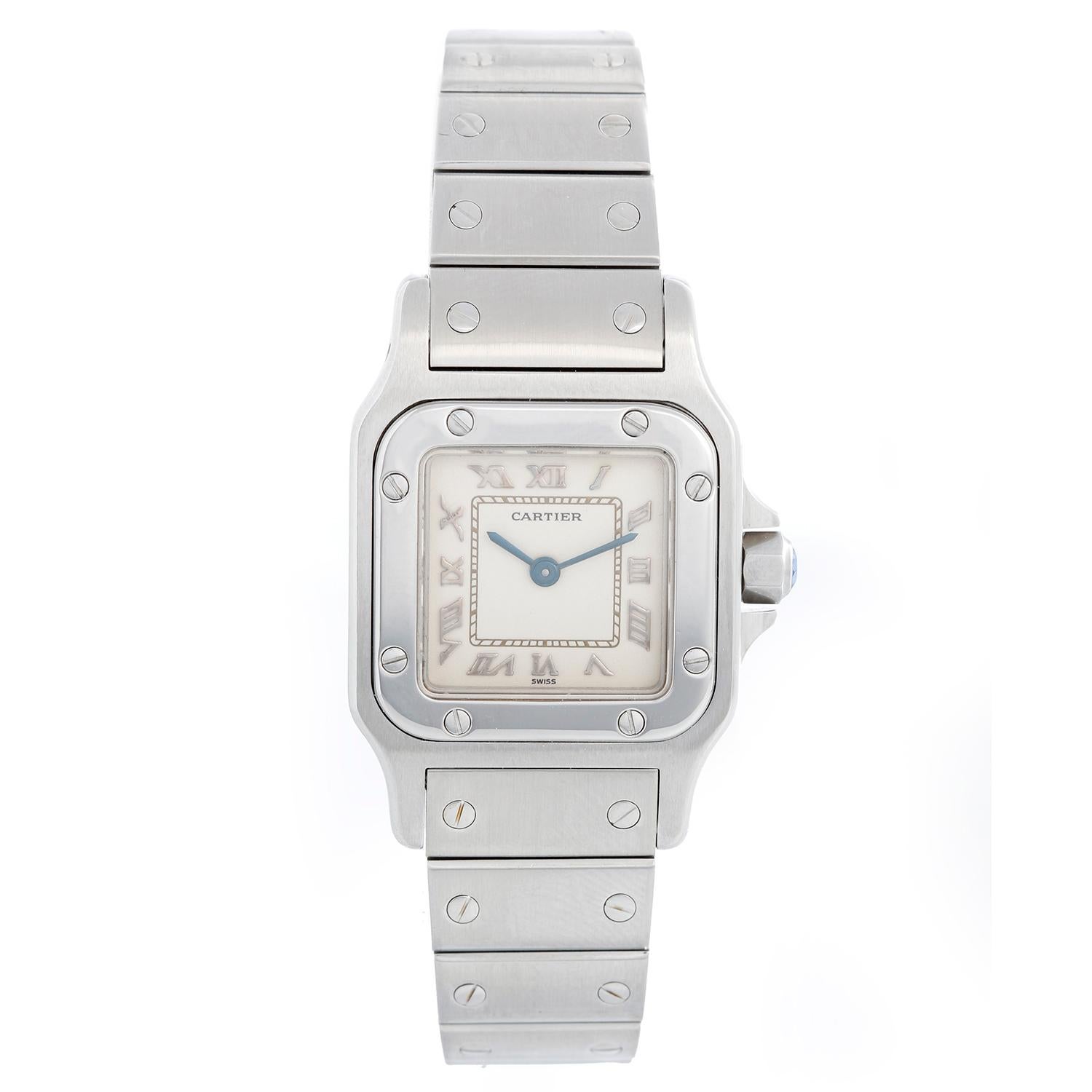Cartier Santos Galbee Small Ladies Watch Roman Numerals 1565 - Quartz. Stainless steel case (24mm x 35mm). White dial with steel roman numerals. Stainless steel Santos bracelet; will fit a 6 1/2 inch wrist . Pre-owned with custom box. 