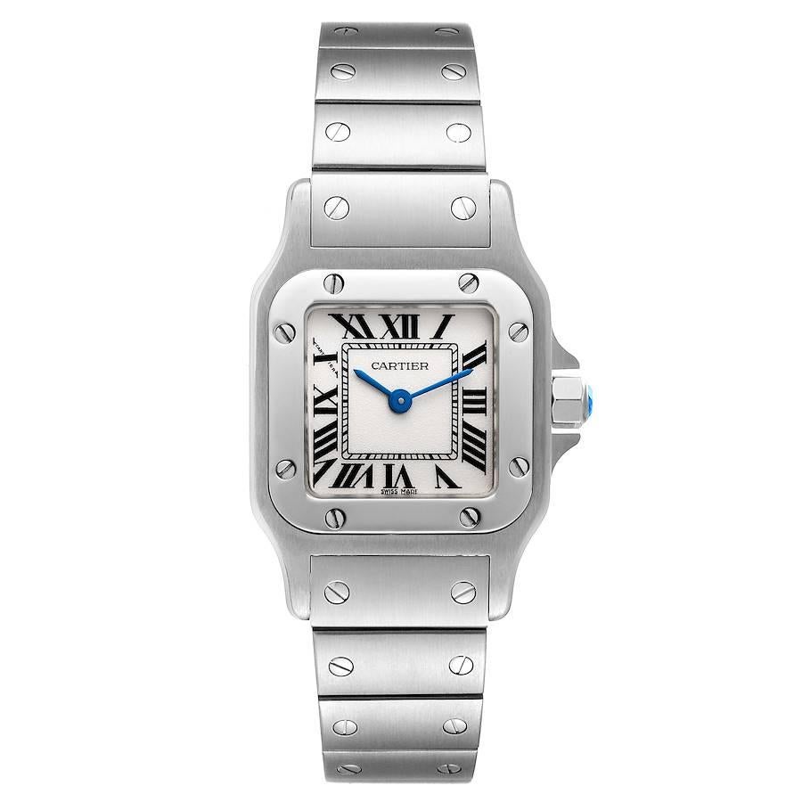 Cartier Santos Galbee Small Silver Dial Steel Ladies Watch W20056D6. Quartz movement. Stainless steel case 24.0 x 34.0 mm. Steel octagonal crown set with a faceted cabochon. Stainless steel bezel punctuated with 8 signature screws. Scratch resistant
