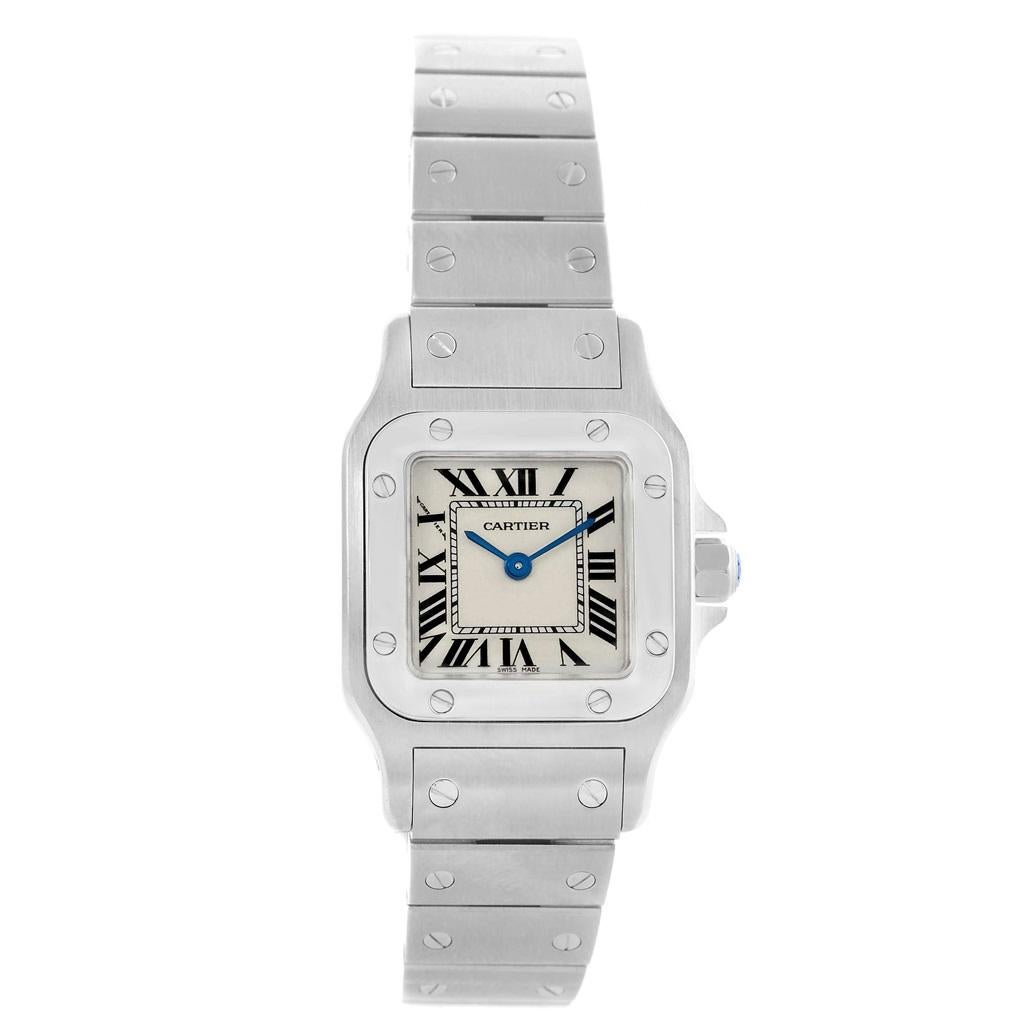 Cartier Santos Galbee Small Steel Silver Dial Quartz Watch W20056D6. Quartz movement. Stainless steel case 24.0 x 24.0 mm. Steel octagonal crown set with the faceted spinel. Stainless steel bezel punctuated with 8 signature screws. Scratch resistant
