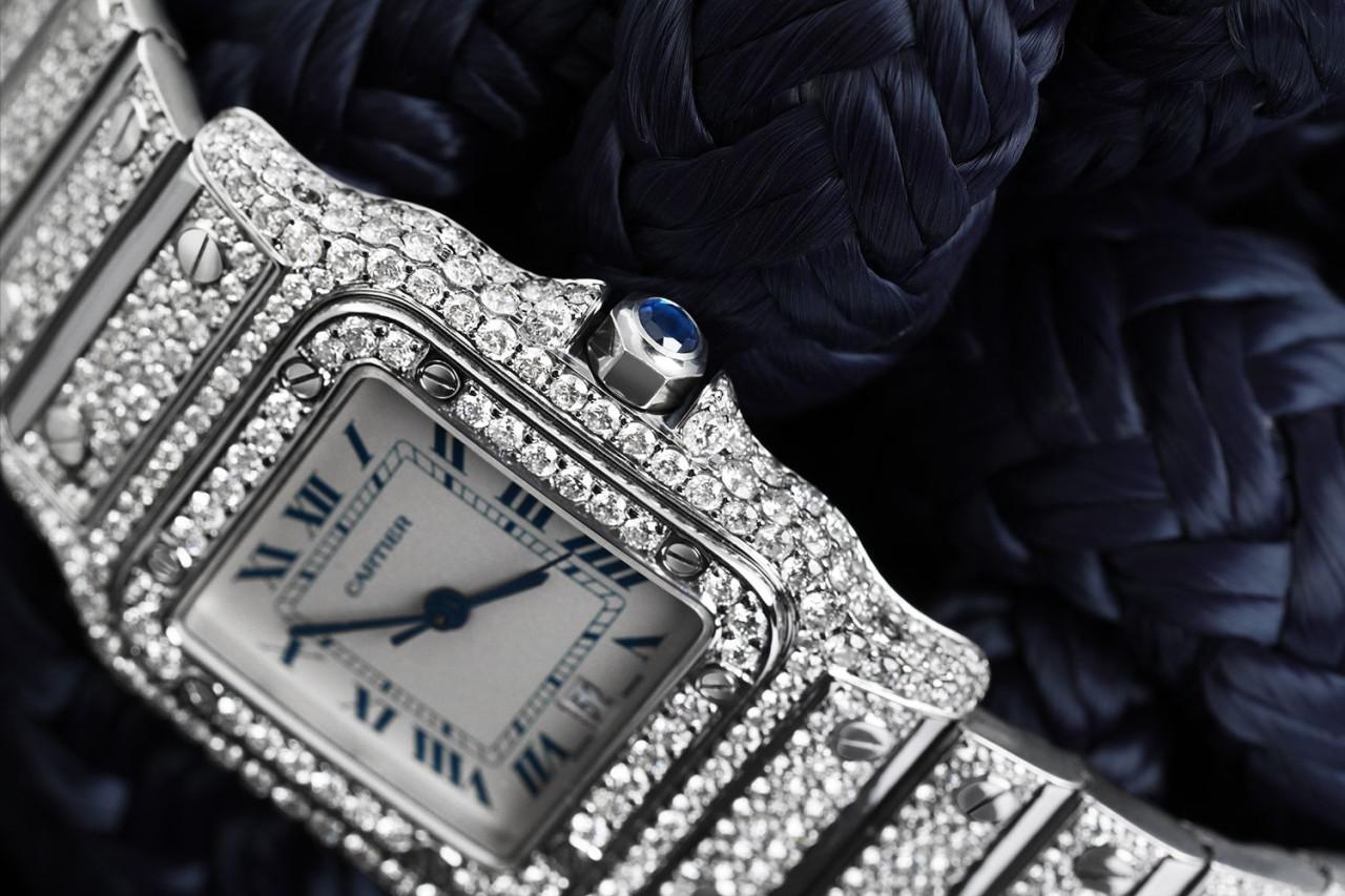 Cartier Santos Galbee Edelstahl-Uhr 98790, maßgefertigter Diamant-Quarz (Rundschliff) im Angebot