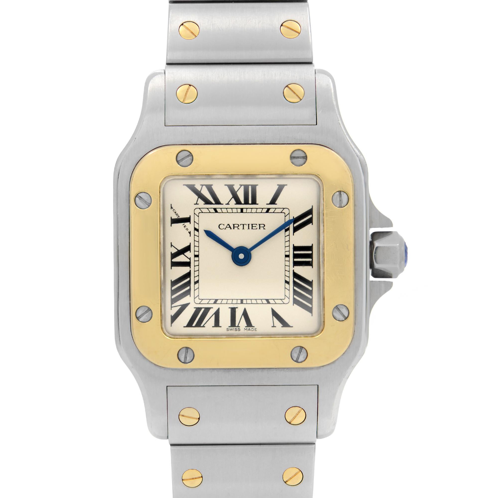 Pre Owned Cartier Santos Galbee Stainless Steel Gold Cream Dial Ladies Quartz Watch 1567. This Beautiful Timepiece is Powered by Quartz (Battery) Movement And Features: Stainless Steel Case with a Stainless Steel Bracelet with 2 Gold Screw-on Each