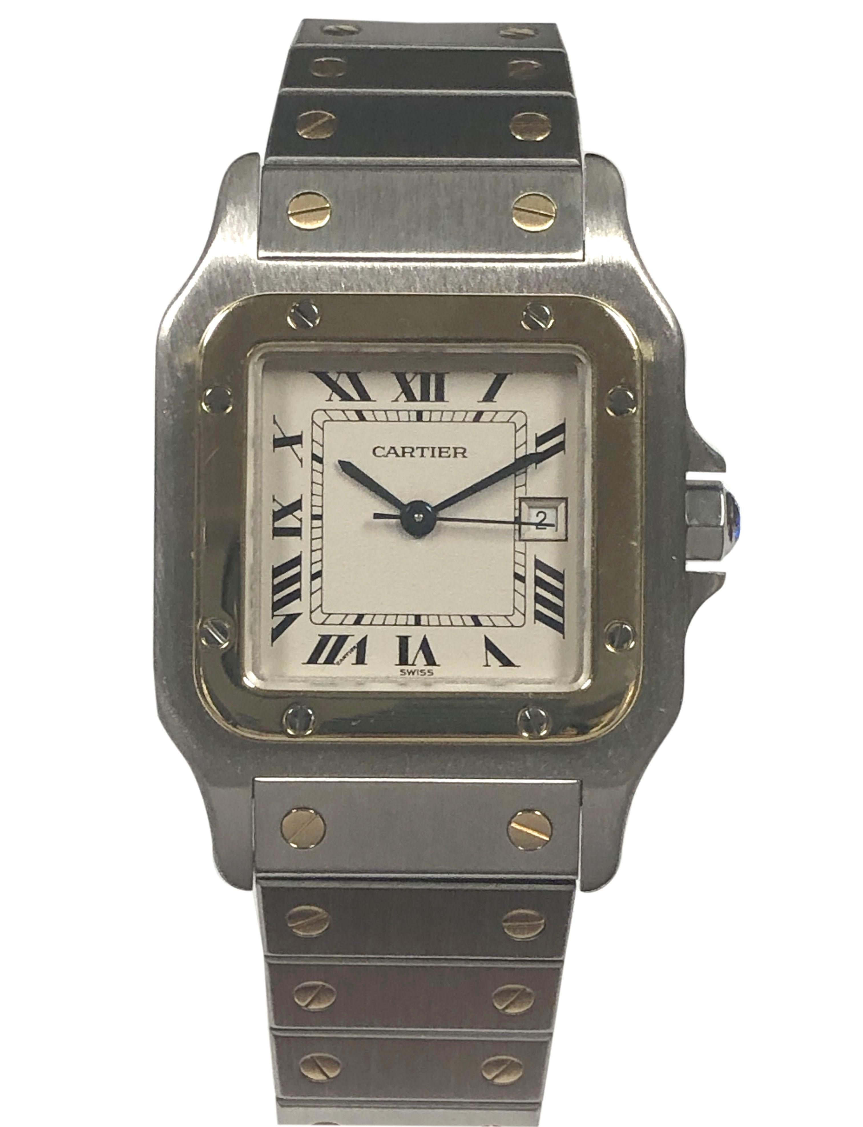 Circa 2000 Cartier Santos Galbee Wrist Watch 41 M.M. ( lug end to end ) X 29 M.M Stainless Steel case with 18K Yellow Gold Bezel and a Sapphire Crown, Automatic Self winding Movement, White Dial with Black Roman Numerals a Calendar window at the 3