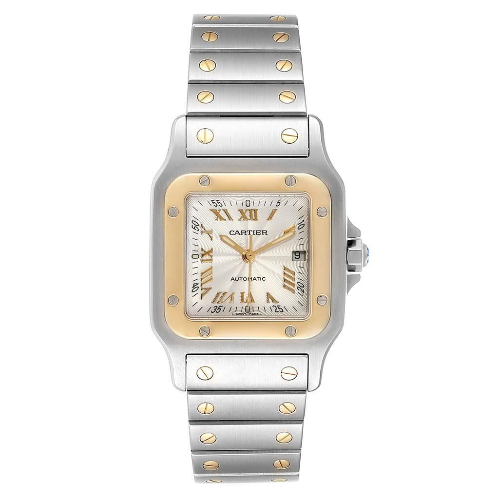 Cartier Santos Galbee Steel Yellow Gold Guilloche Dial Watch W20058C4. Automatic self-winding movement. Stainless steel case 29.0 x 29.0 mm. Steel octagonal crown set with the faceted spinel. 18K yellow gold bezel punctuated with 8 signature screws.